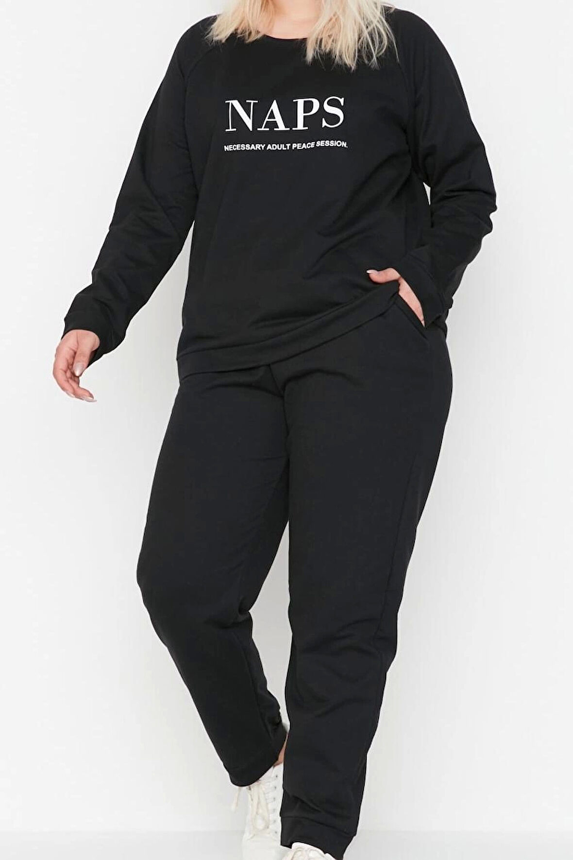 Tarz Rahat Büyük Beden Uzun Kollu Lastikli Paça Baskılı Pamuklu Örme Pijama Takımı