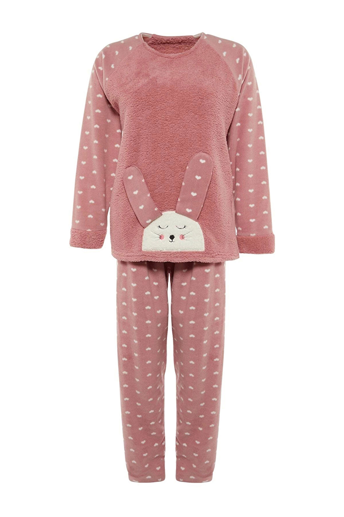 Tarz Rahat Büyük Beden Uzun Kollu Dar Paça Kalpli Polar Örme Pijama Takımı