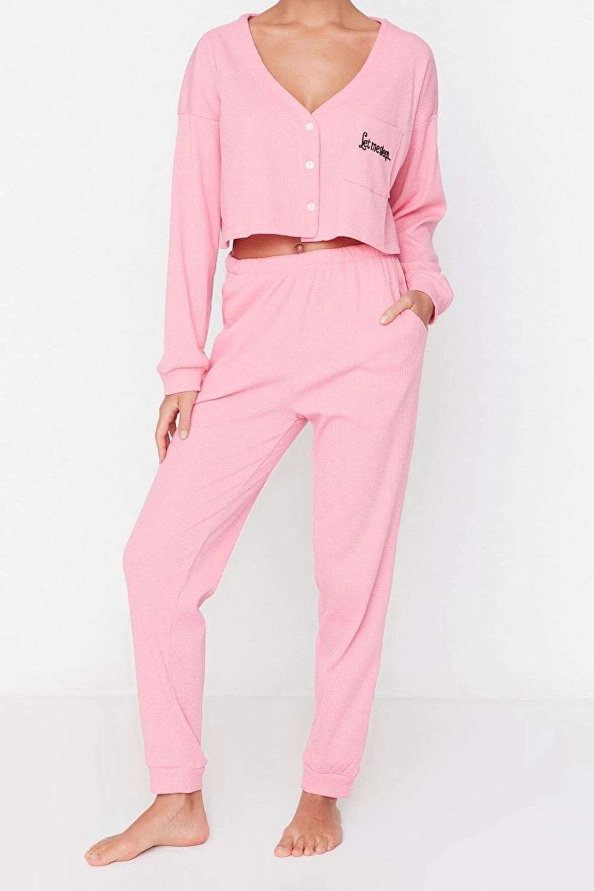 Tarz Rahat Uzun Kollu Boru Paça Fitilli Pamuklu Nakışlı Örme Pijama Takımı