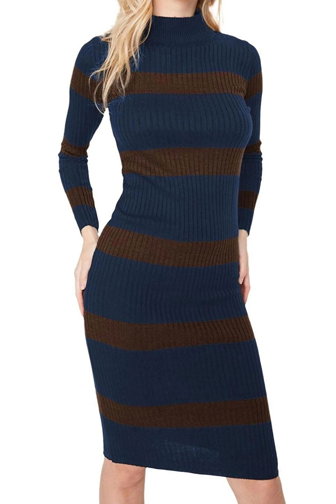 Moda Slim Casual Günlük Tek Plaka Triko Dik Yaka Uzun Kol Bodycone Midi Boy Elbise