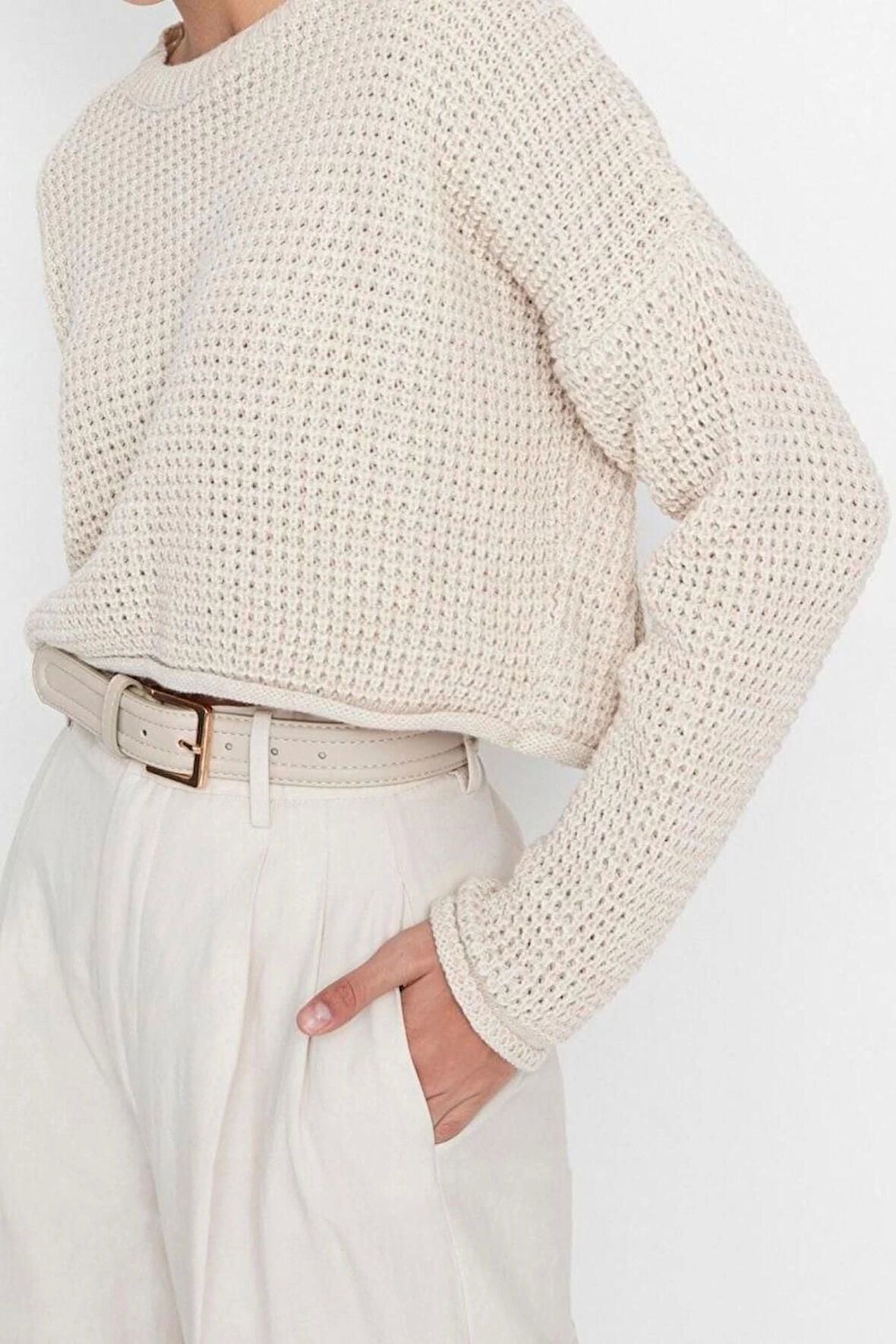 Stil Modern Kadın Crop Düşük Kol Bisiklet Yaka Geniş Kalıp Triko Kazak