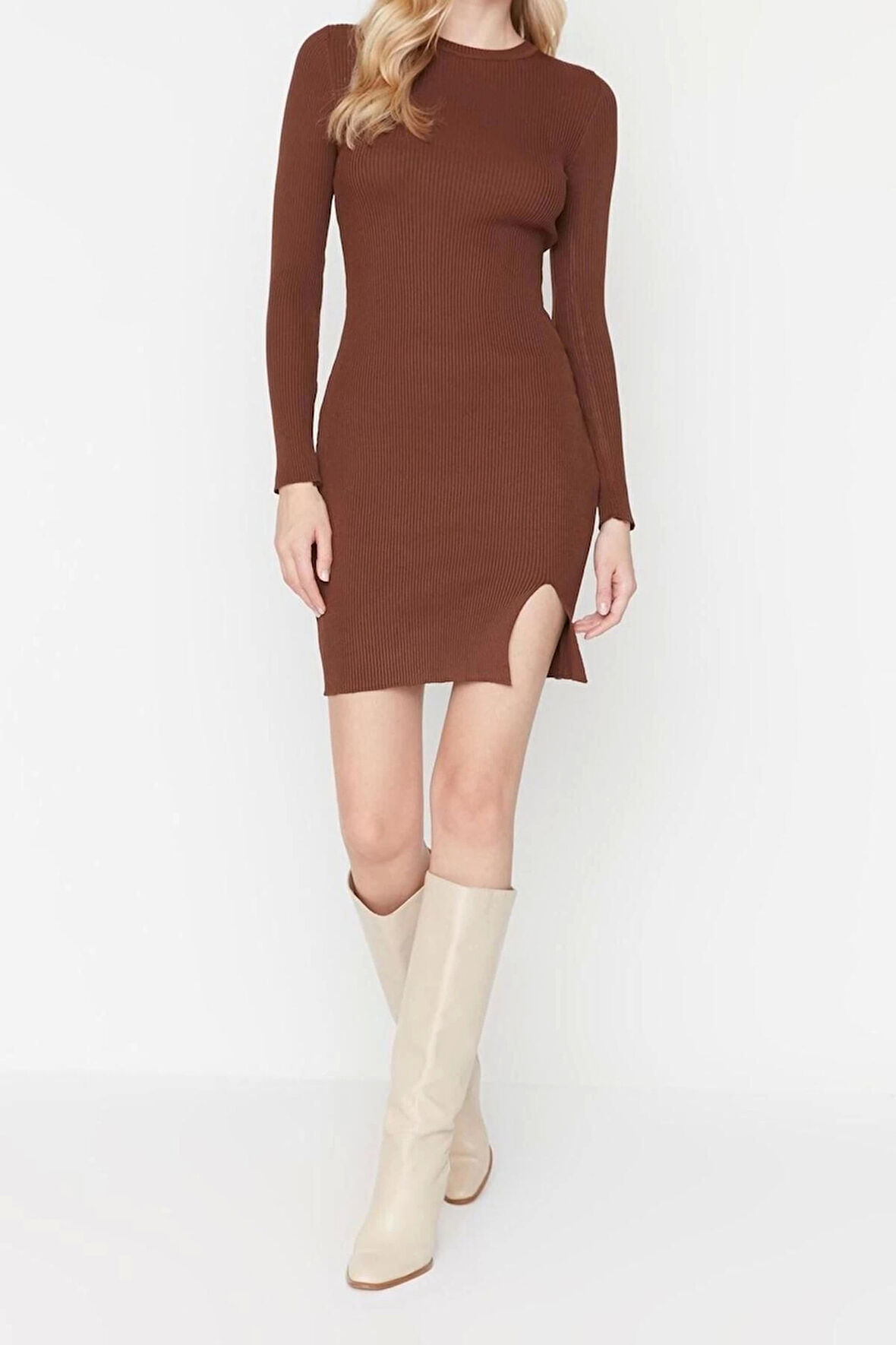 Moda Slim Gündüz Gece Tek Plaka Triko Bisiklet Yaka Uzun Kol Bodycone Mini Boy Elbise