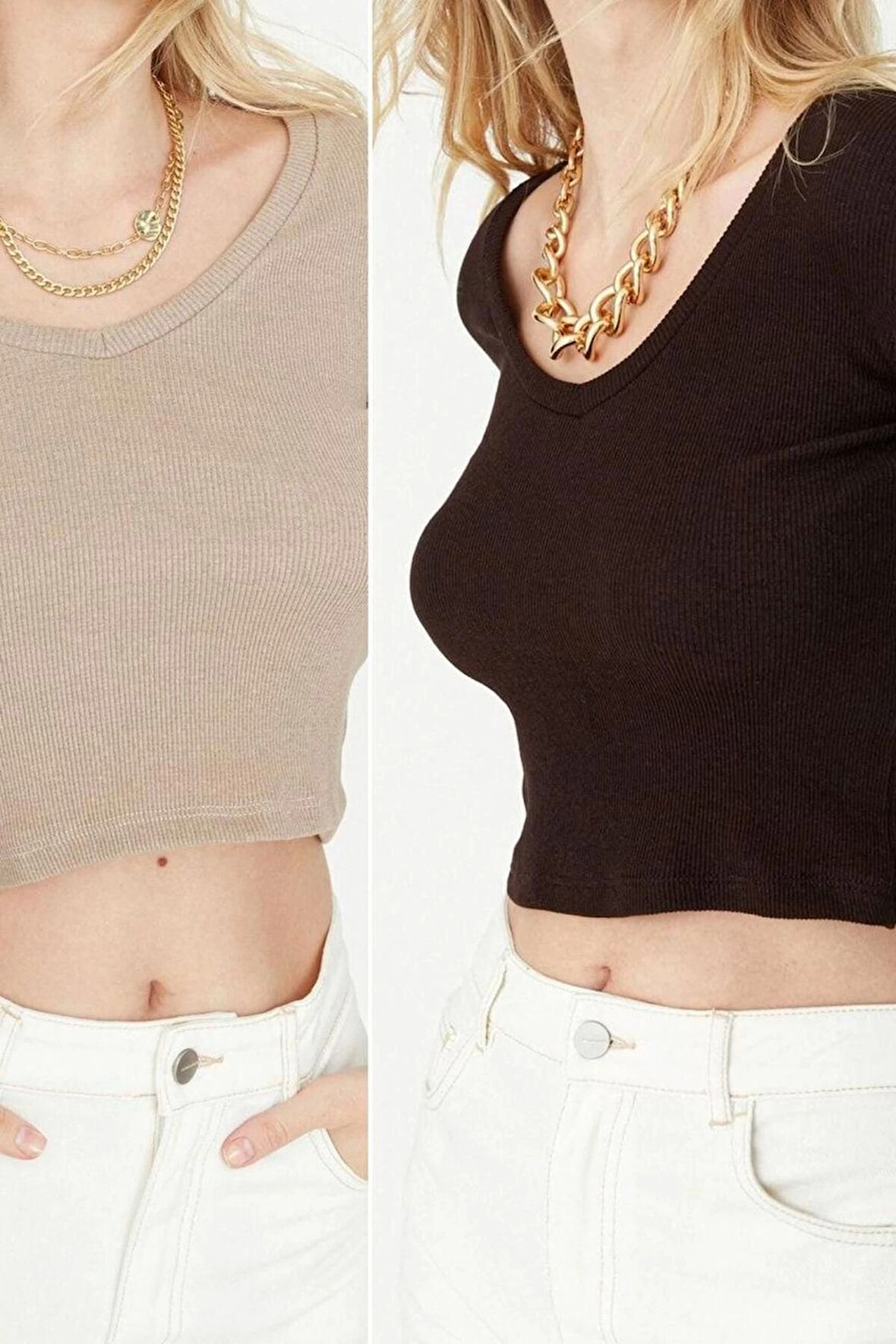 Stil Kadın 2li Paket Fitted Vücuda Oturan Fitilli Esnek Bluz Crop Örme Slim Kalıp
