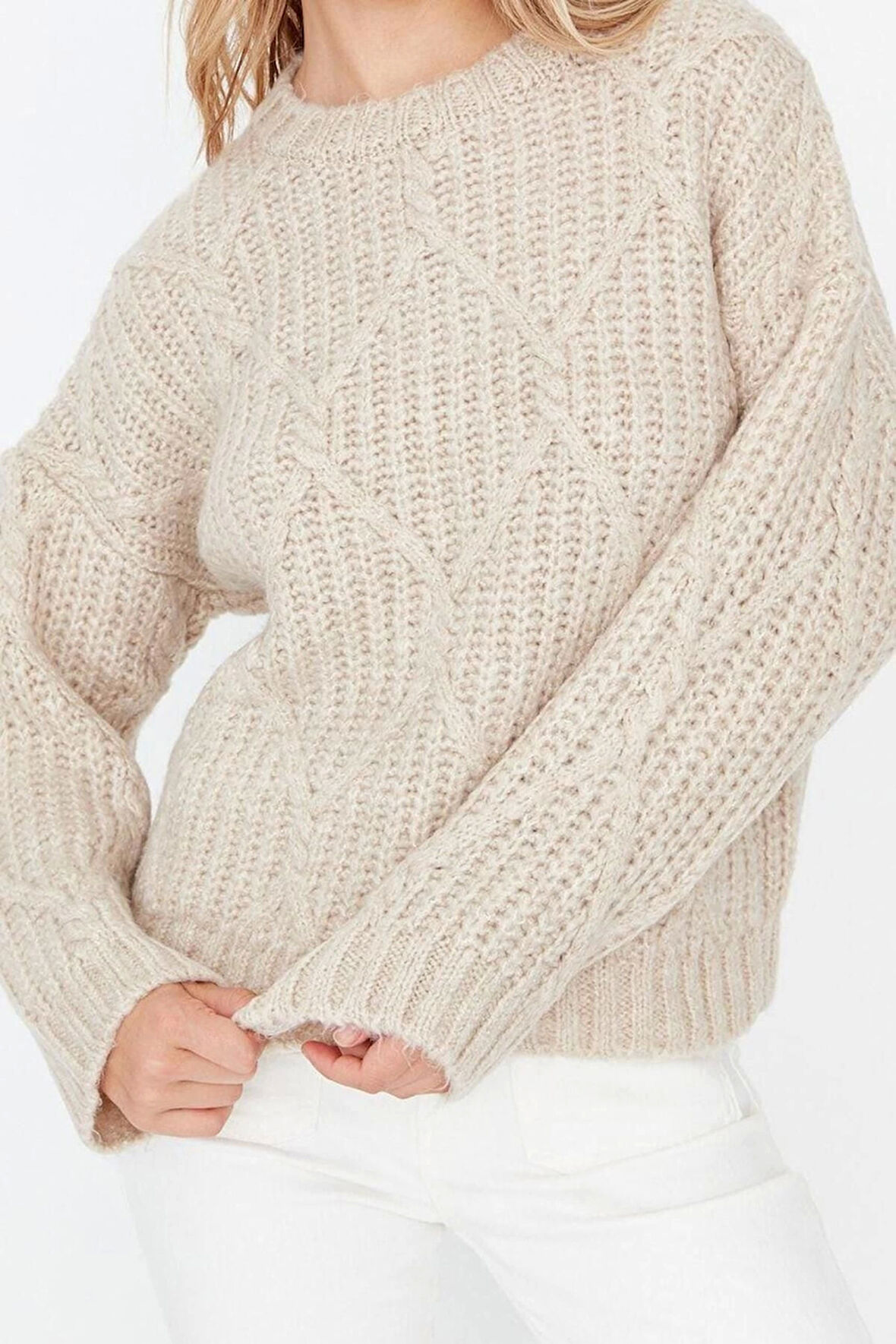 Kadın Modern Tarz Rahat Uzun Bisiklet Yaka Saç Örgü Kol Regular Triko Kazak