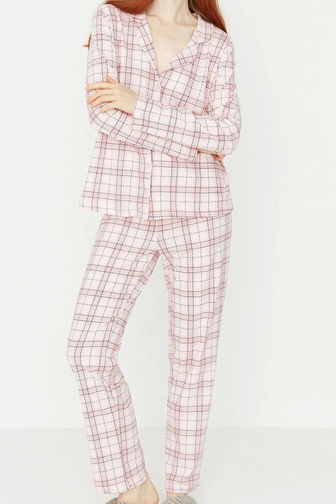 Tarz Rahat Uzun Kollu Boru Paça %100 Pamuklu Ekoseli Örme Pijama Takımı