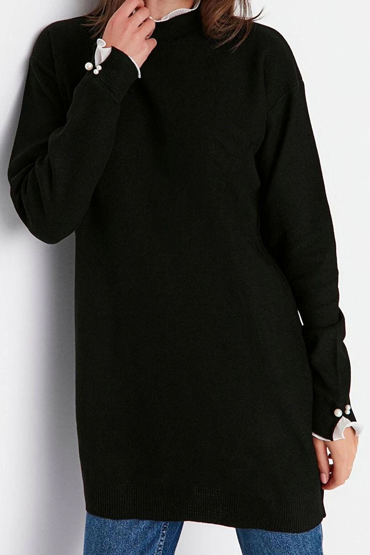 Kadın Modern Tarz Rahat Uzun Bisiklet Yaka Düz Kol Midi Triko Kazak