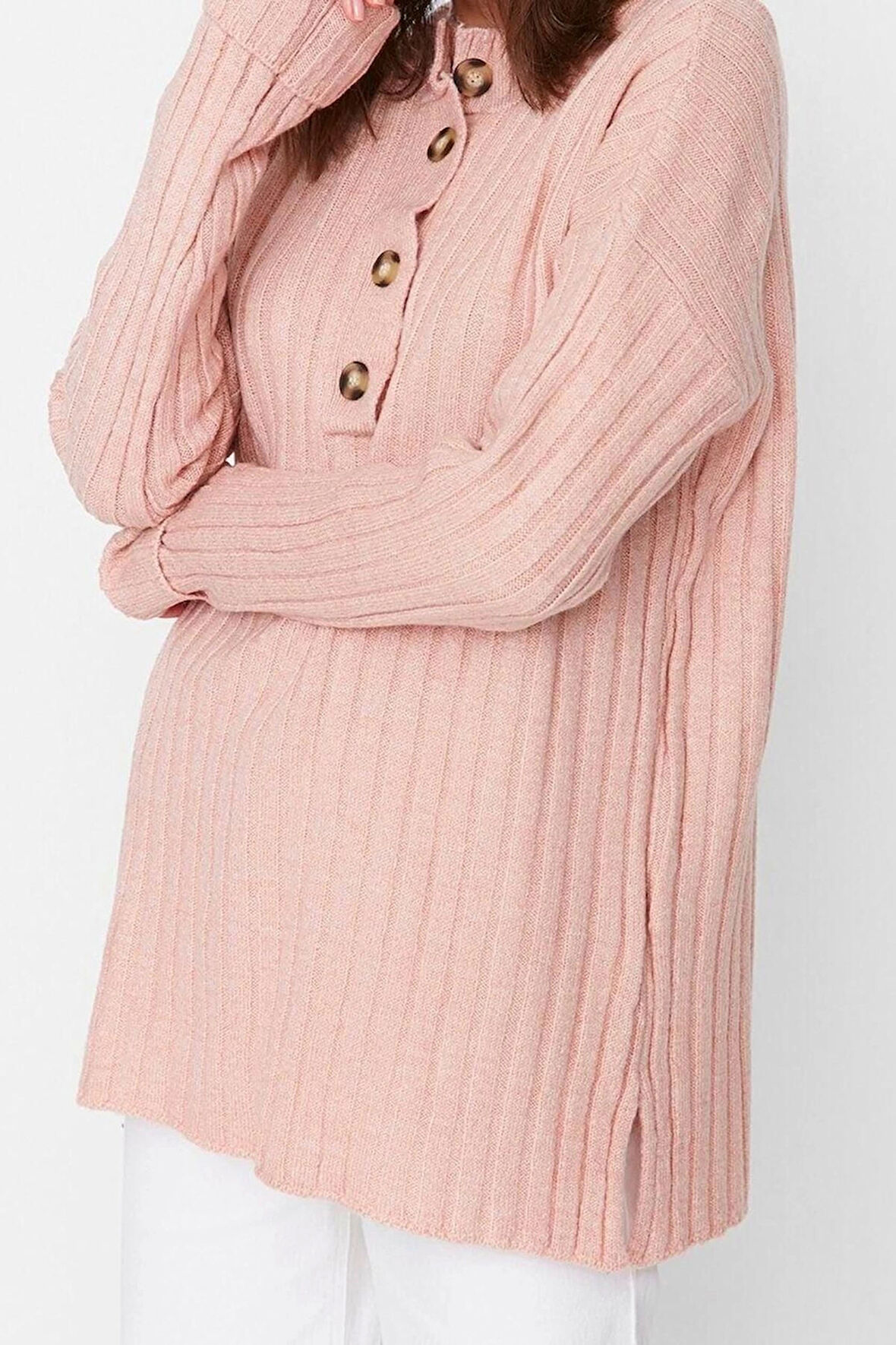 Kadın Modern Tarz Rahat Uzun Düğmeli Yaka Düz Kol Regular Triko Kazak