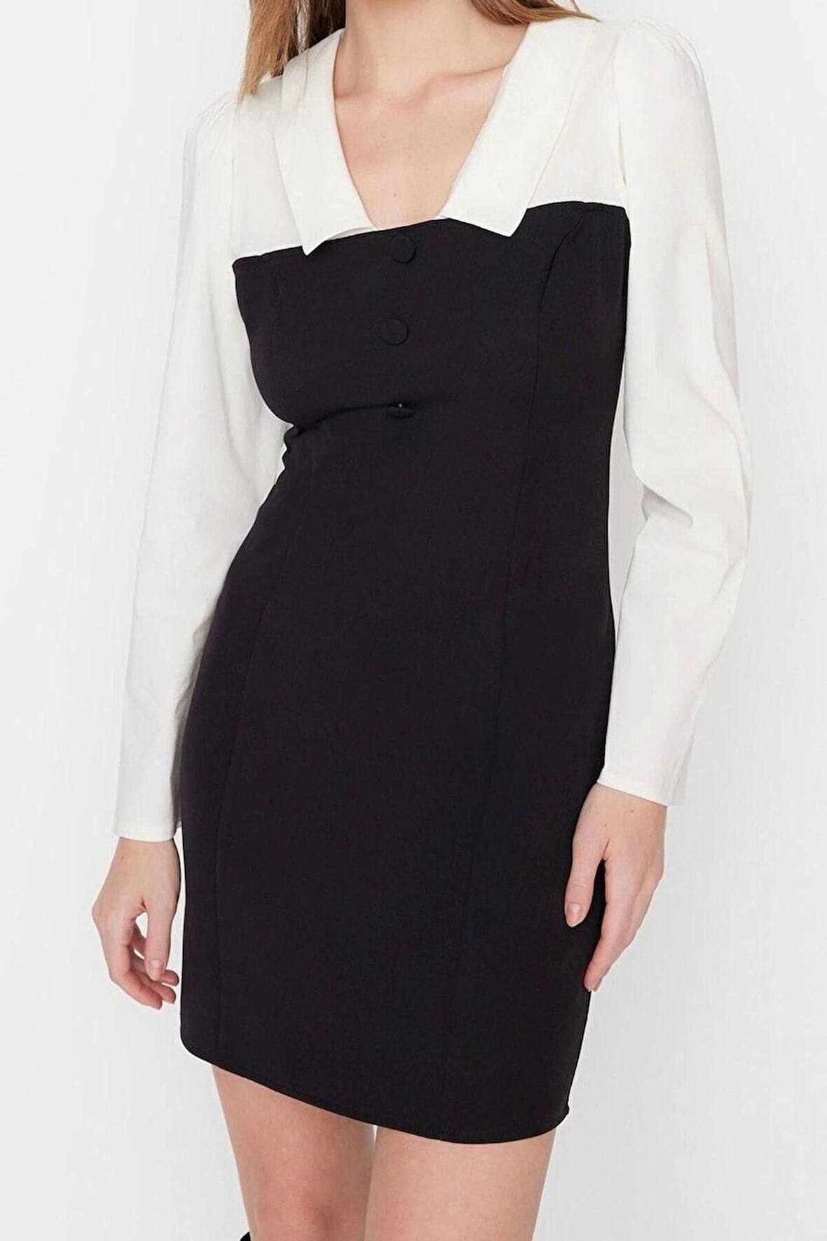 Moda Fit Business Finike Dokuma Gömlek Yaka Uzun Kol Bodycone Mini Boy Elbise