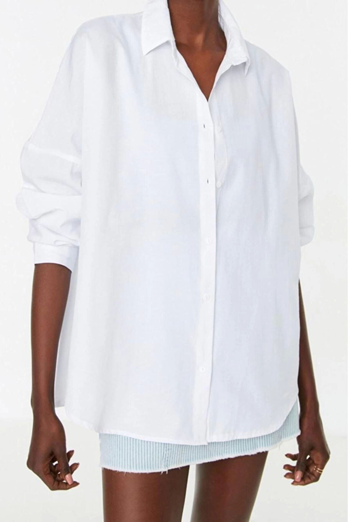 Moda Kadın Gömlek Yaka Düz Desen Günlük Pamuklu Oversize Geniş Kalıp Dokuma Gömlek