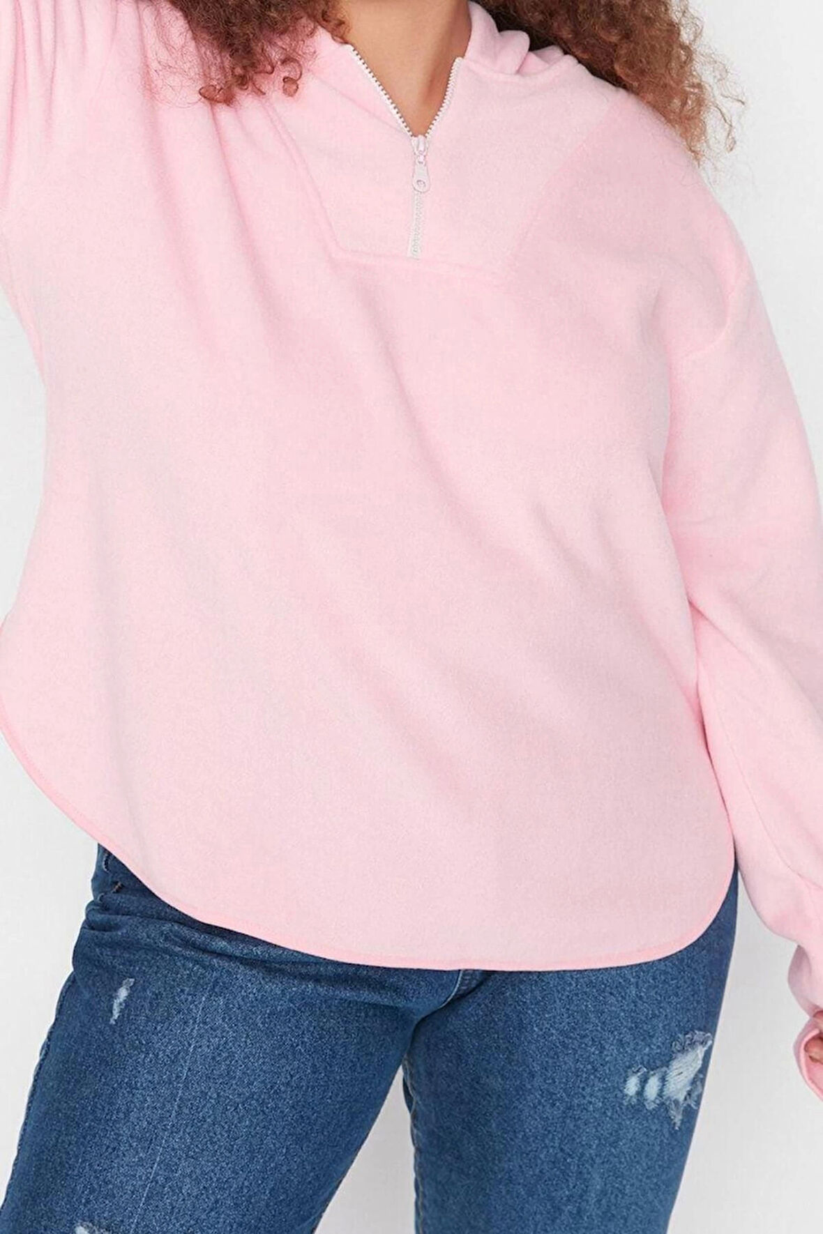 Büyük Beden Tarz Oversize Kapüşonlu Düşük Kol Regular Kalın Polar Örme Sweatshirt