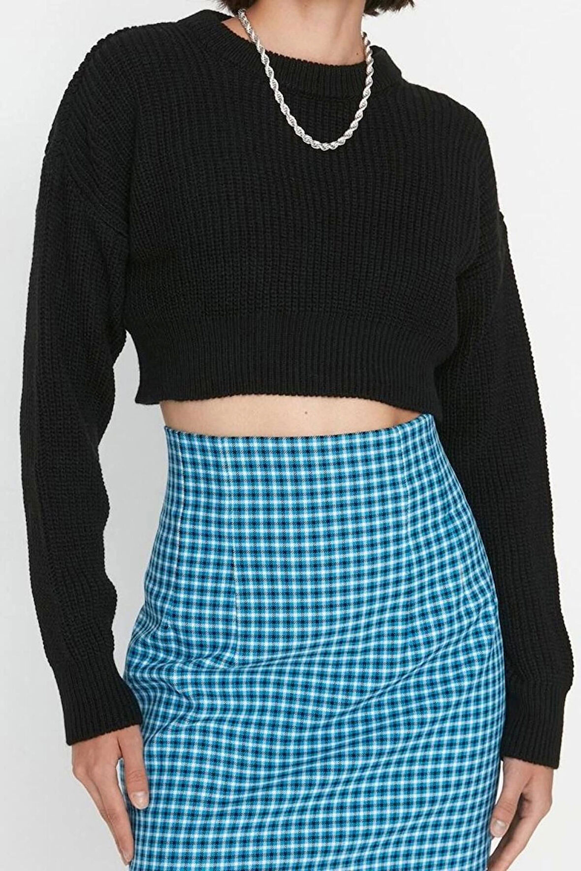 Stil Modern Kadın Crop Düşük Kol Bisiklet Yaka Super Basic Triko Kazak