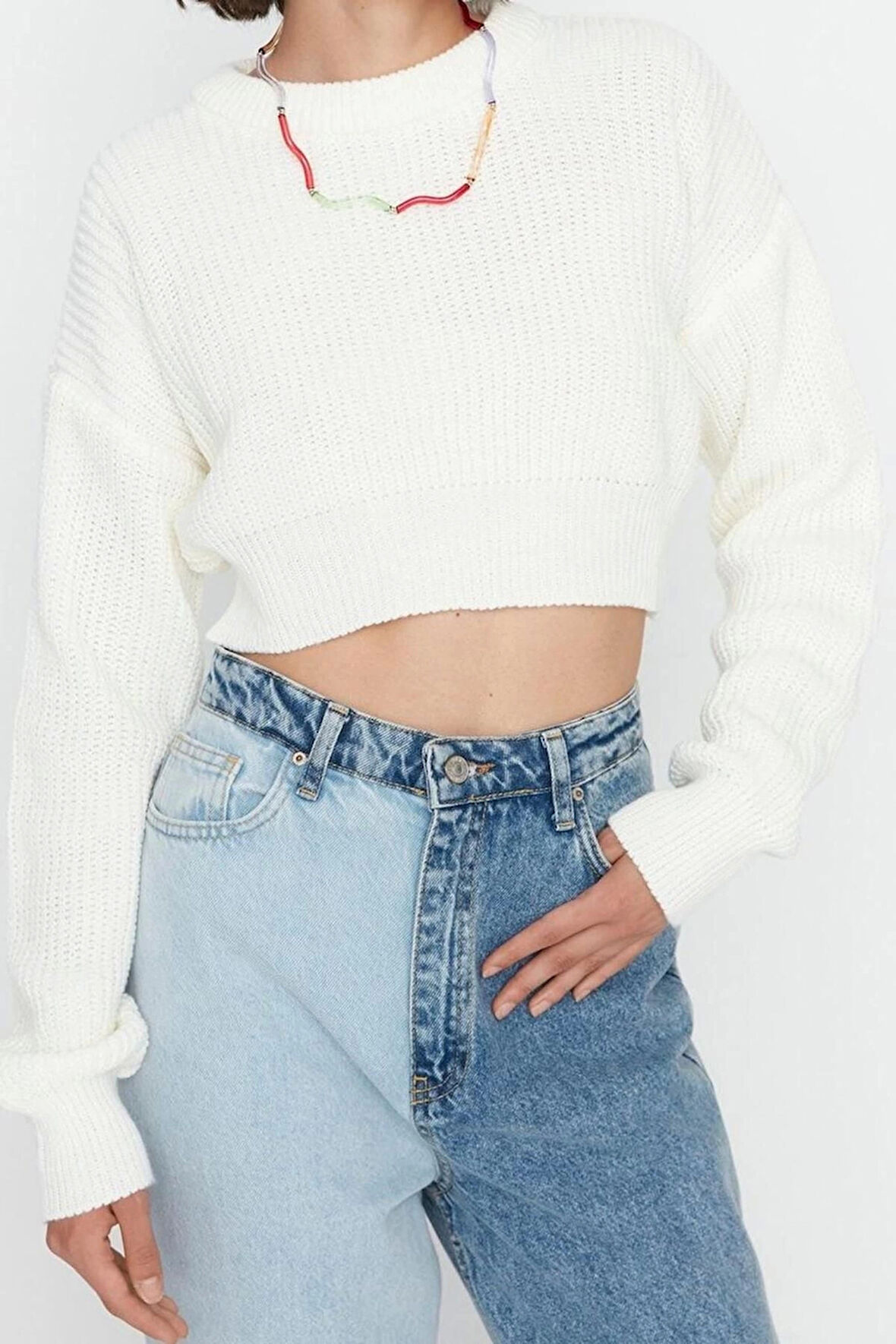 Kadın Modern Tarz Rahat Uzun Bisiklet Yaka Düz Kol Crop Triko Kazak