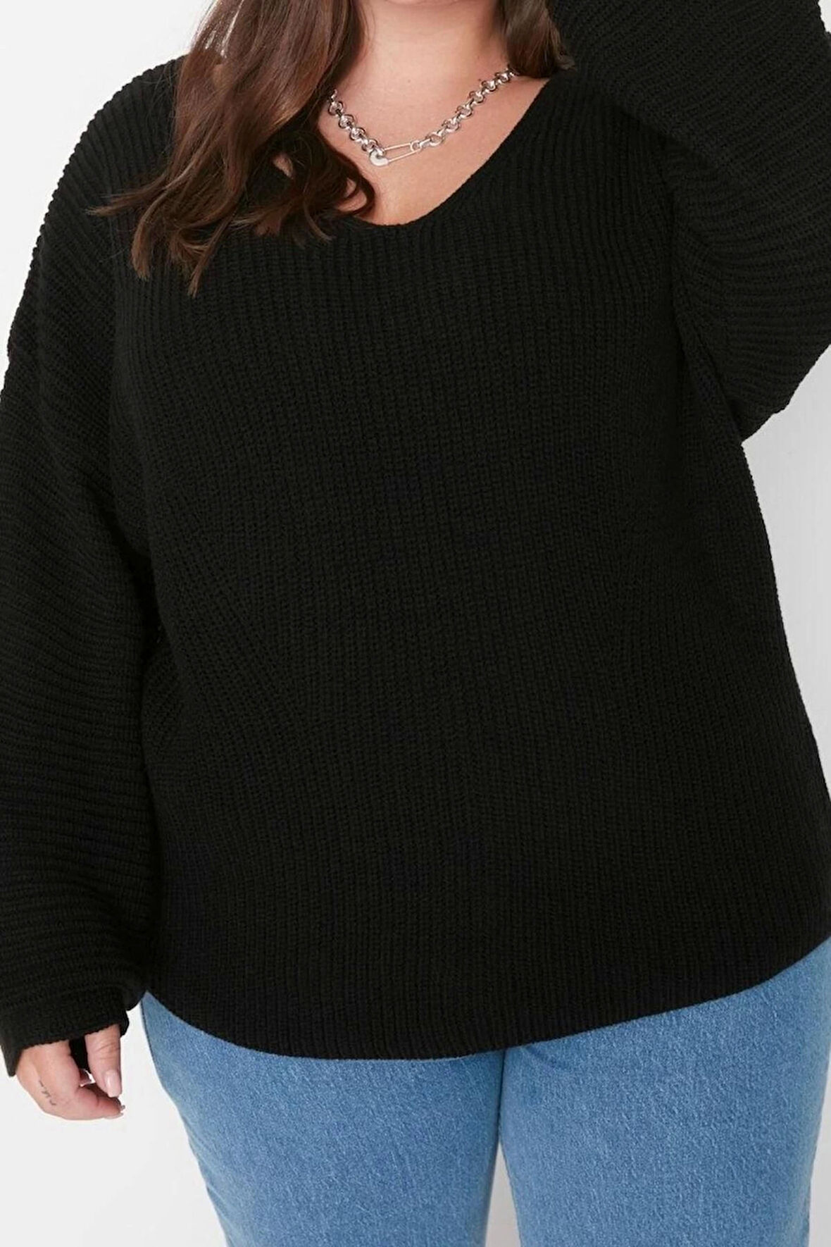 Büyük Beden Kadın Modern Tarz Rahat Uzun V Yaka Düz Kol Regular Triko Kazak