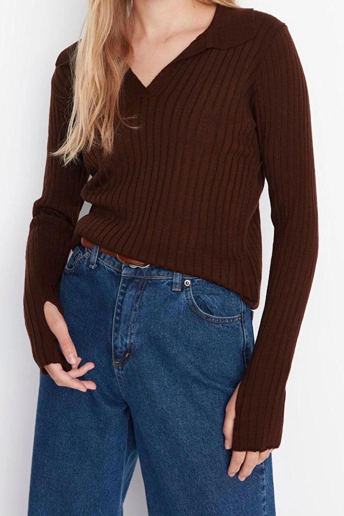 Kadın Modern Tarz Rahat Uzun Polo Yaka Düz Kol Regular Triko Kazak