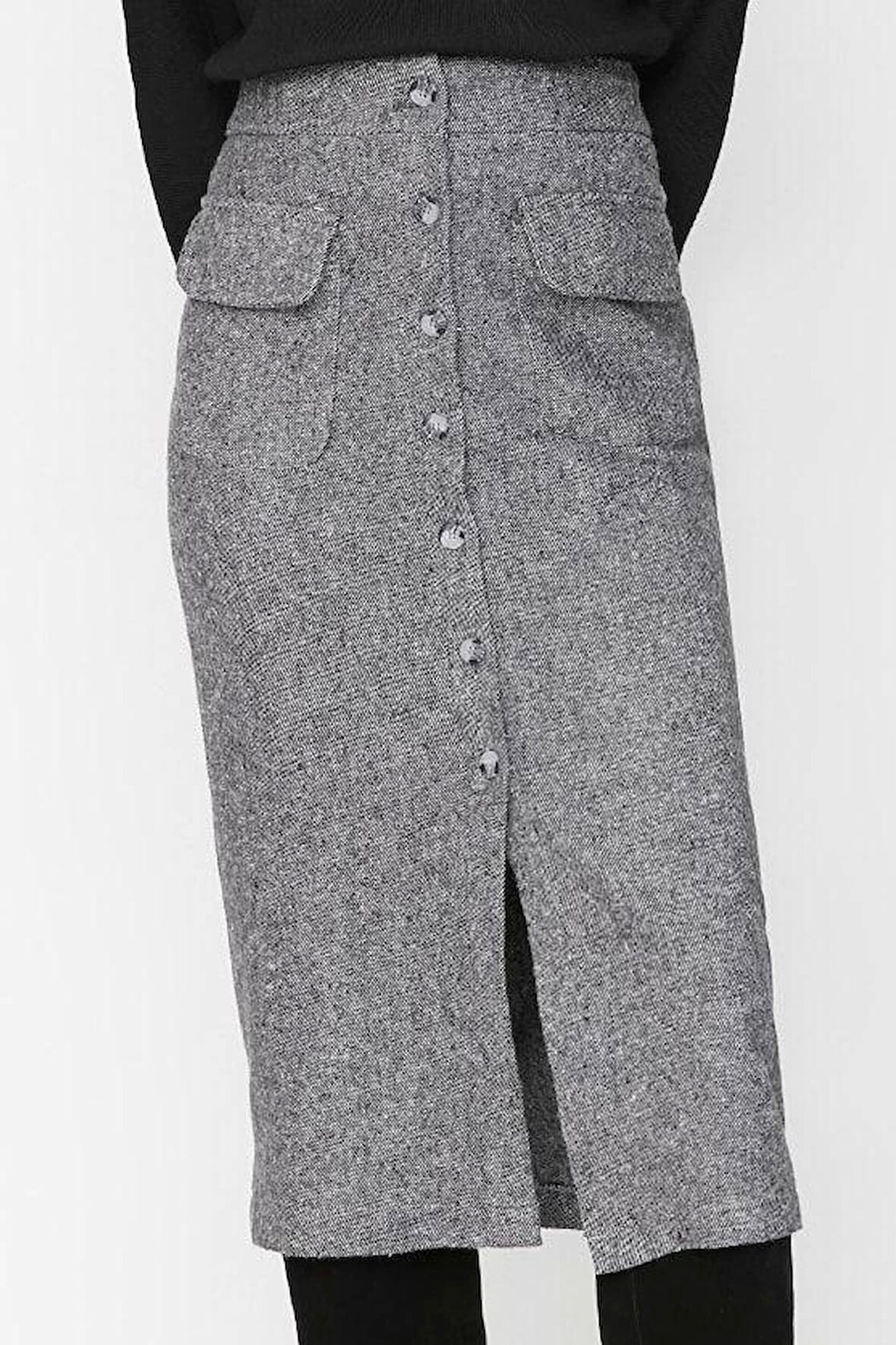 Modern Tarz Astarsız Dokuma Midi Boy Cep Detaylı Düğmeli Kaşe Kumaş Midi Dokuma Etek