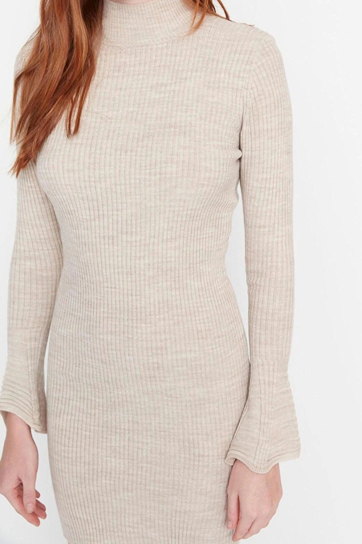 Moda Slim Casual Günlük Fitilli Triko Dik Yaka Uzun Kol Bodycone Mini Boy Elbise