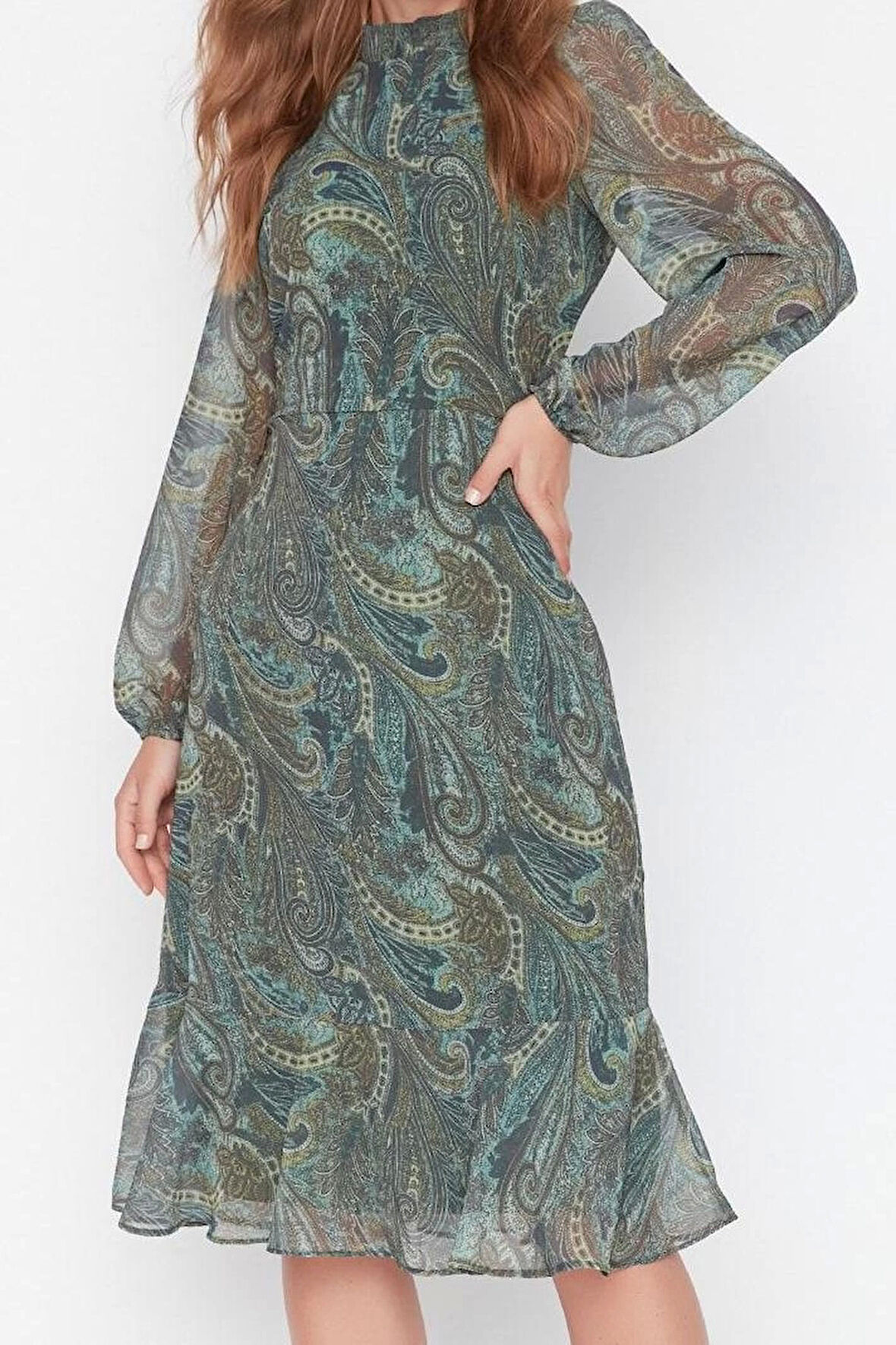 Moda Regular Gündüz Gece Şifon Dokuma Dik Yaka Uzun Kol A-Line Midi Boy Elbise