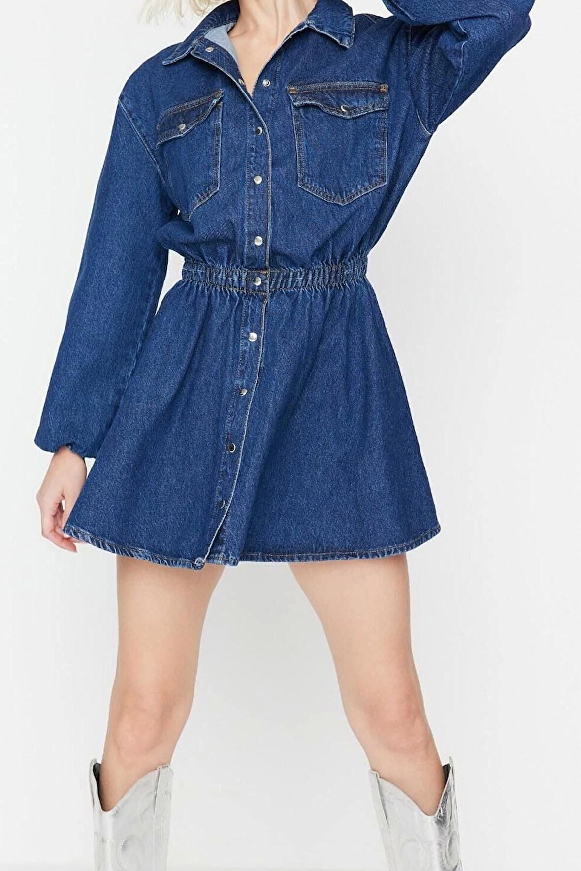 Moda Regular Mezuniyet Balo Rigid Denim Gömlek Yaka Kısa Kol Skater Kısa Boy Elbise