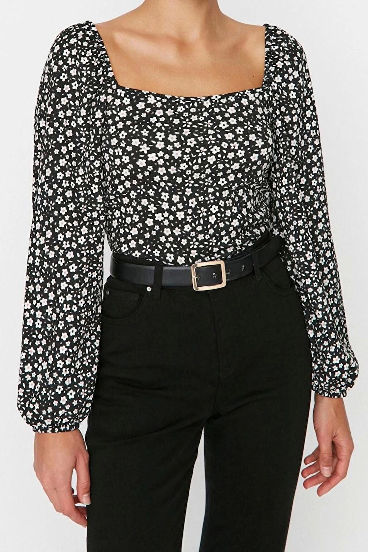 Stil Kadın Çiçek Desenli Fitted Vücuda Oturan Bürümcük Dokulu Bluz Crop Örme Regular Kalıp Balon Kol