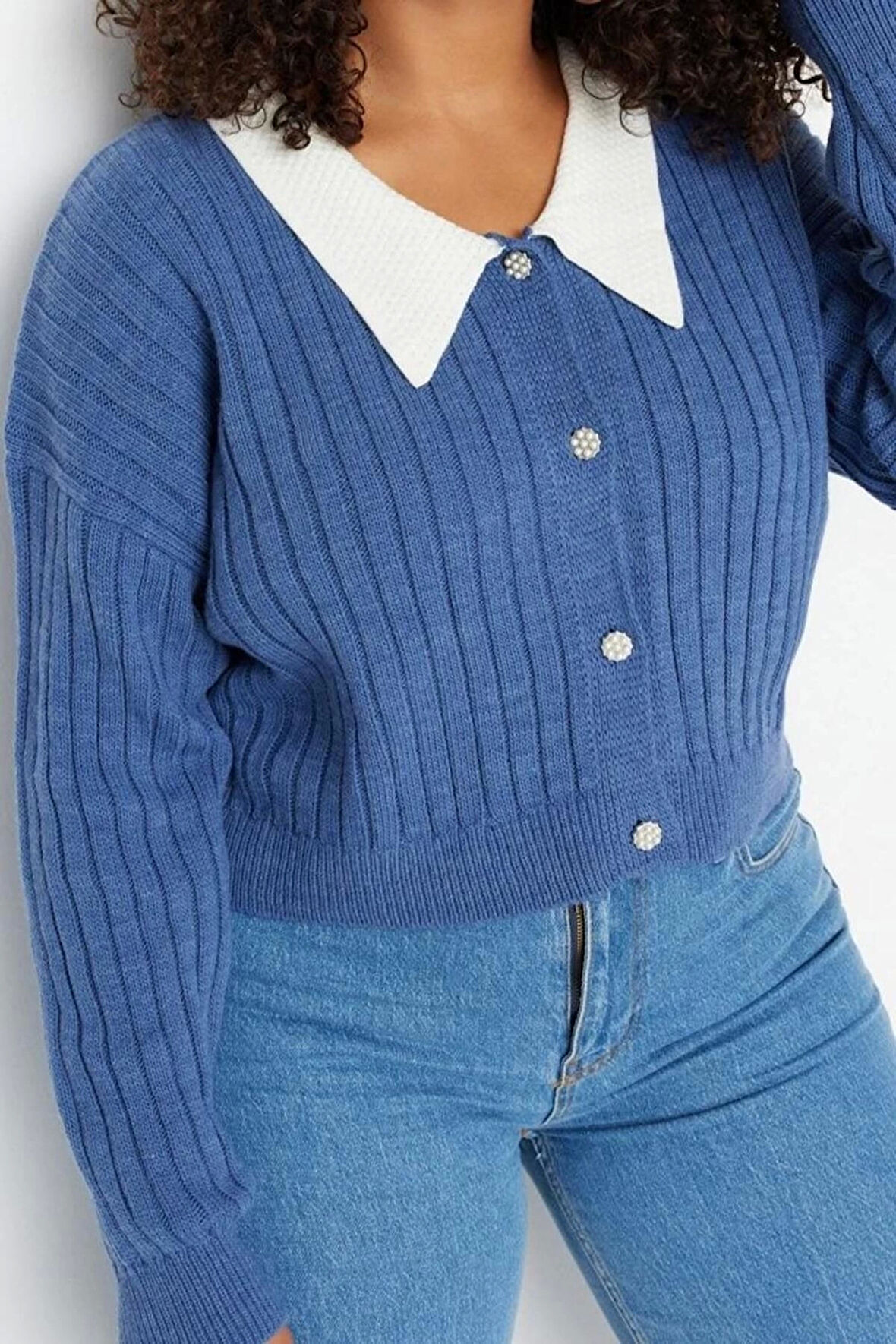 Büyük Beden Kadın Modern Tarz Rahat Uzun Gömlek Yaka Düz Kol Regular Triko Hırka