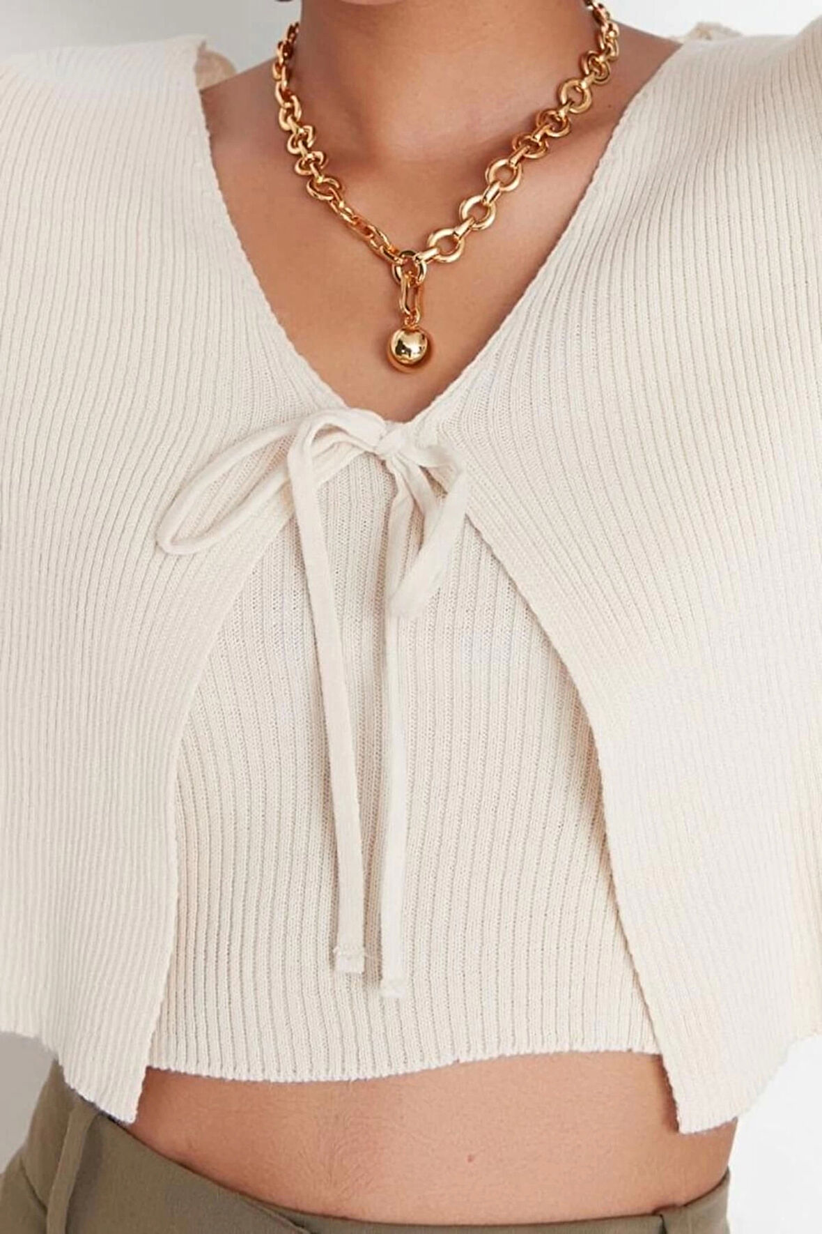 Kadın Modern Tarz Rahat Uzun V Yaka Düz Kol Crop TrikoTriko Hırka