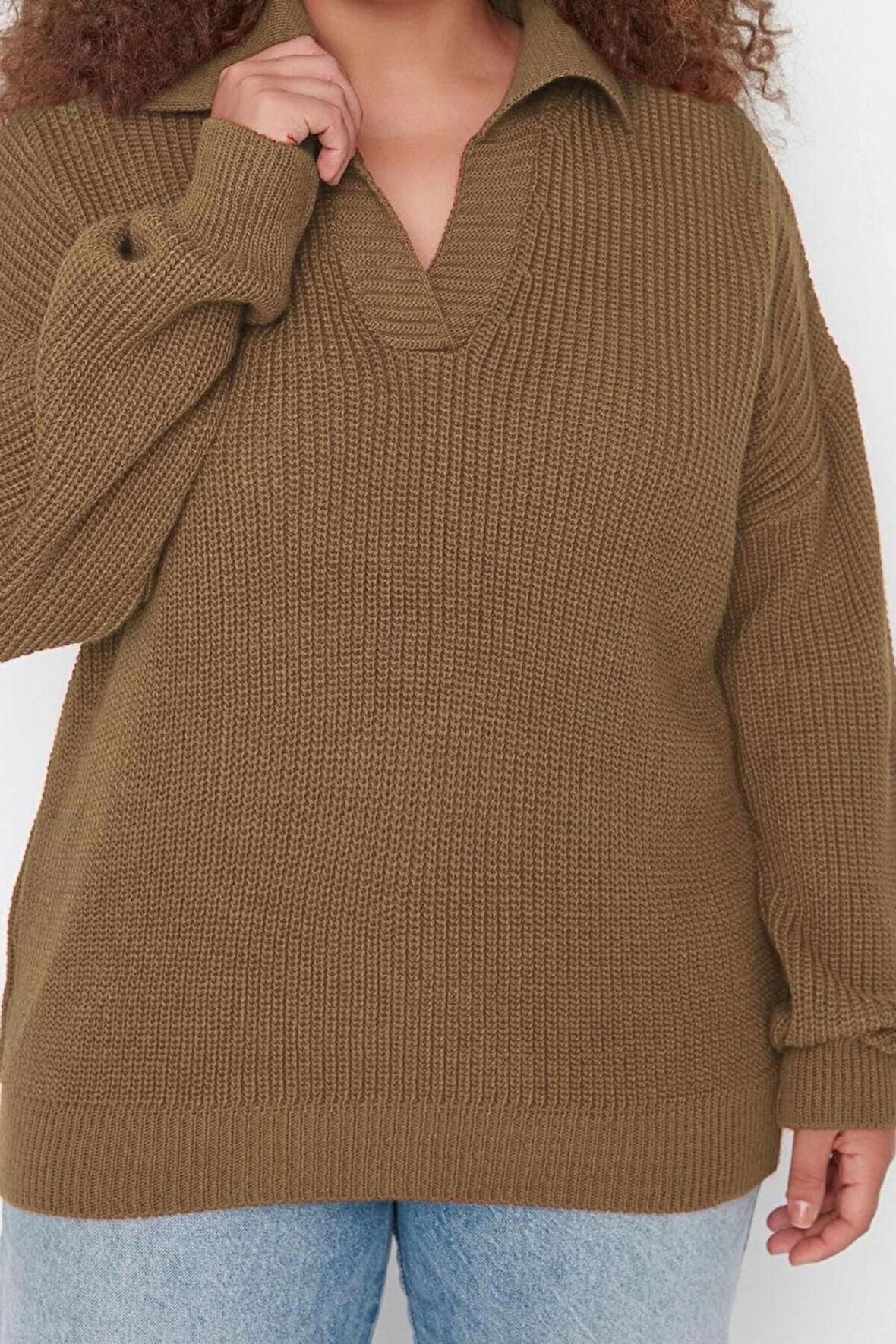 Büyük Beden Kadın Modern Tarz Rahat Uzun Polo Yaka Düz Kol Regular Triko Kazak