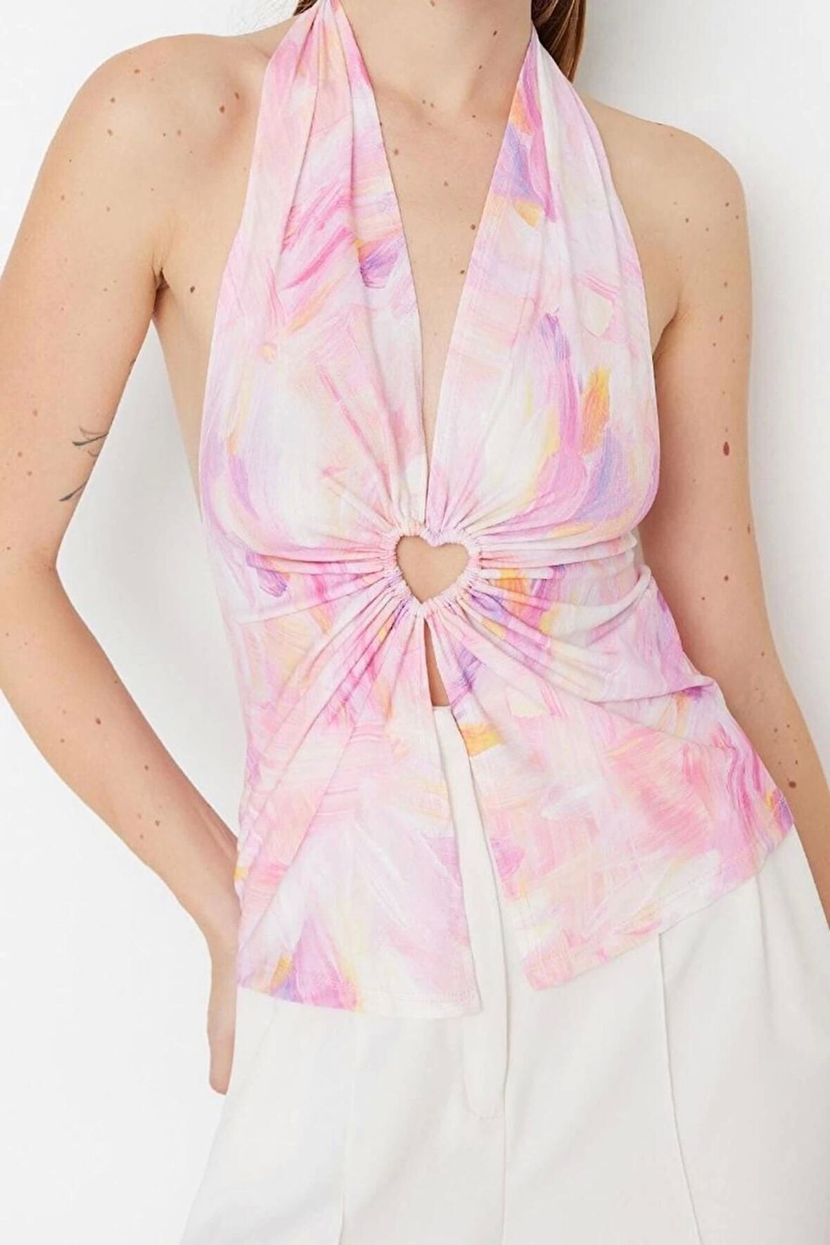 Moda V Yaka Örme Regular Soyut Desen Şık gece Crop Kolsuz Bluz
