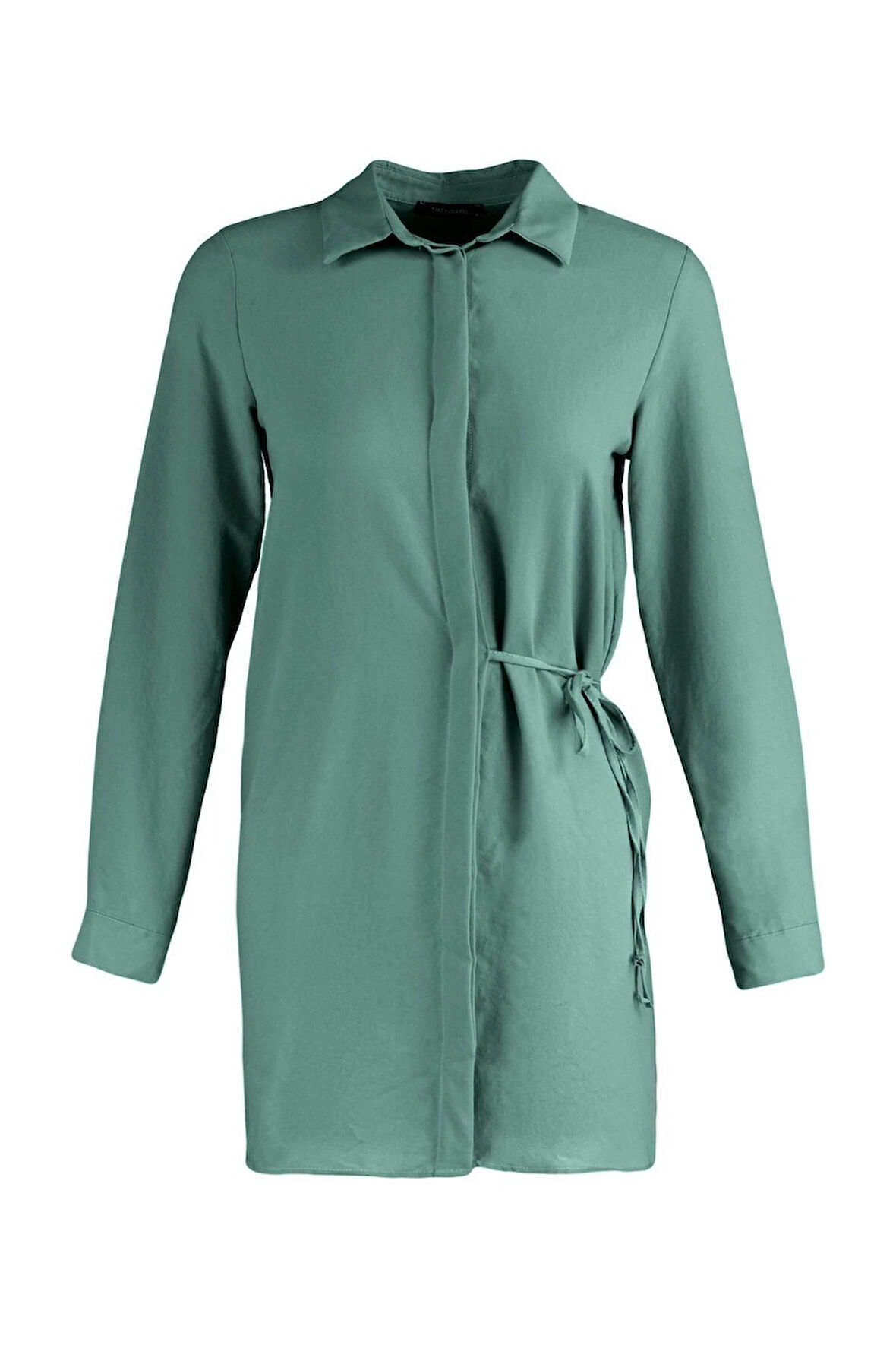 Moda Kadın Tesettür Gömlek Yaka Düz Desen Günlük Beli Bağlamalı Dokuma Aerobin Gömlek