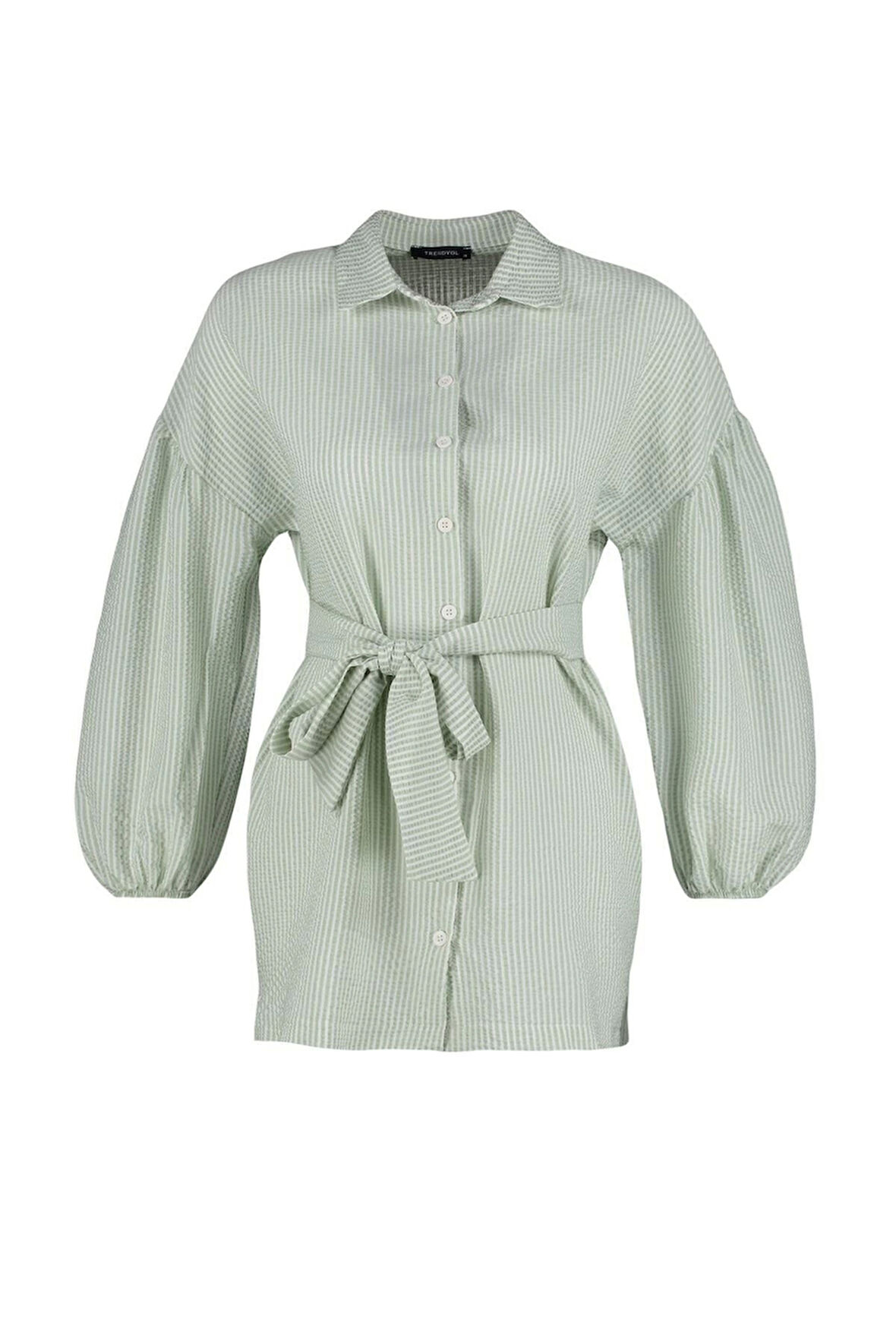 Moda Kadın Tesettür Gömlek Yaka Çizgili Günlük Çizgili Kuşaklı Balon Kol Arkası Uzun Dokuma Gömlek