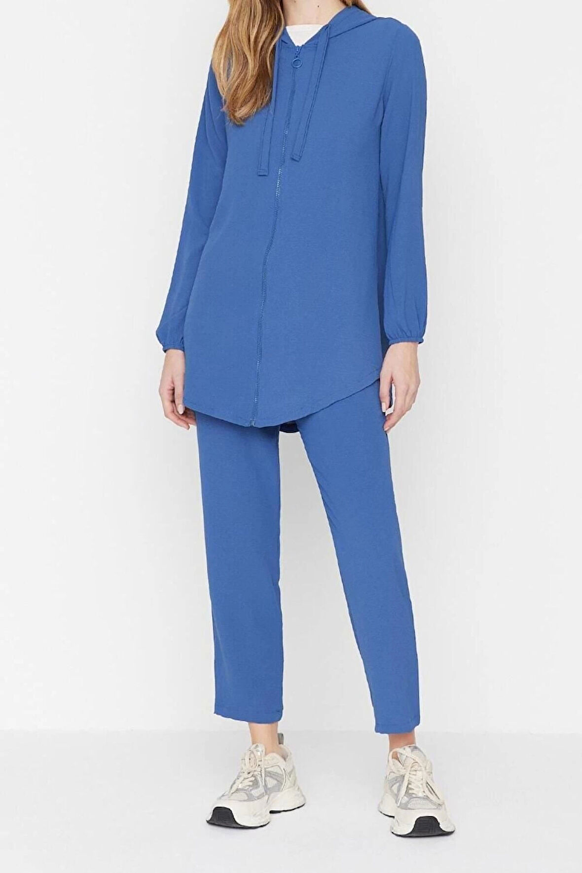 Moda Yüksek Bel Kapüşonlu Casual Günlük Taş Kapüşonlu Fermuarlı Aerobin Hırka-Pantolon Dokuma Takım