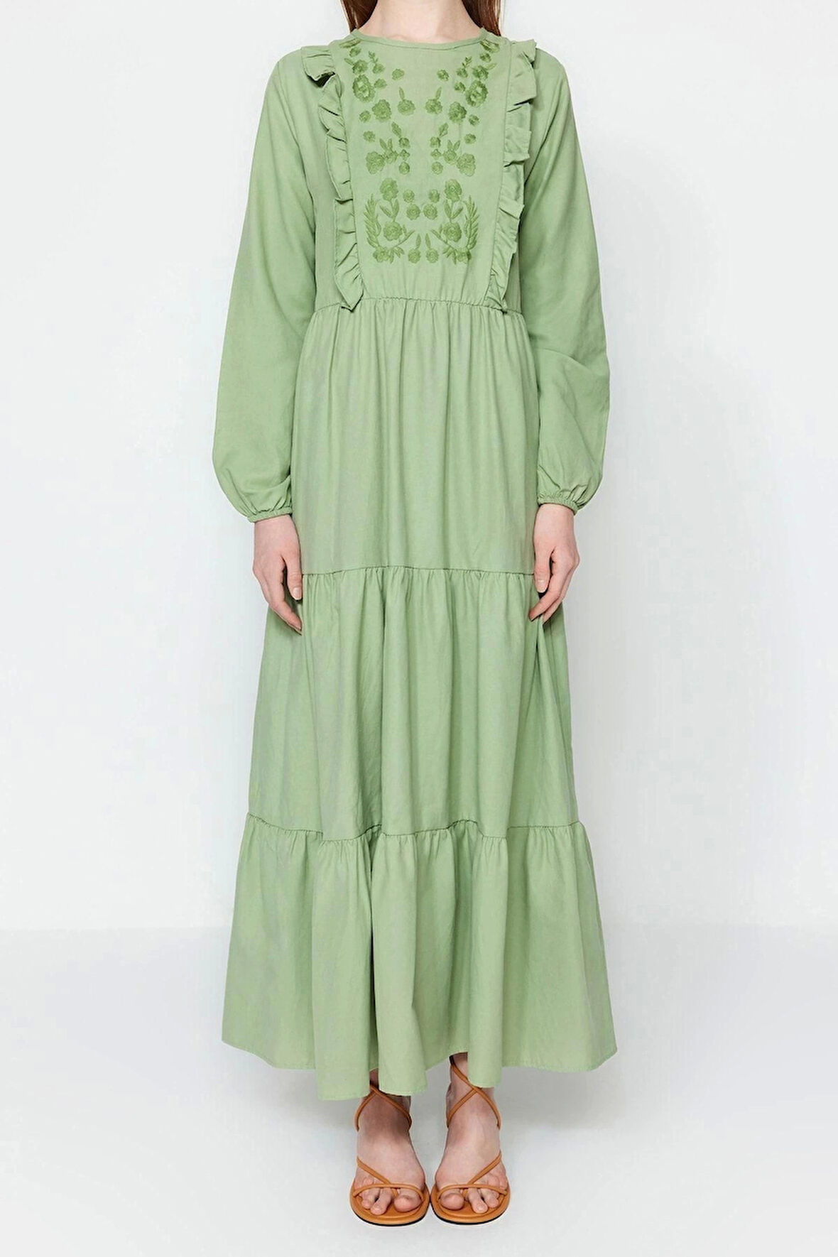 Moda Regular Casual Günlük Chambre Dokuma Bisiklet Yaka Uzun Kol A-Line Maxi Boy Tesettür Elbise