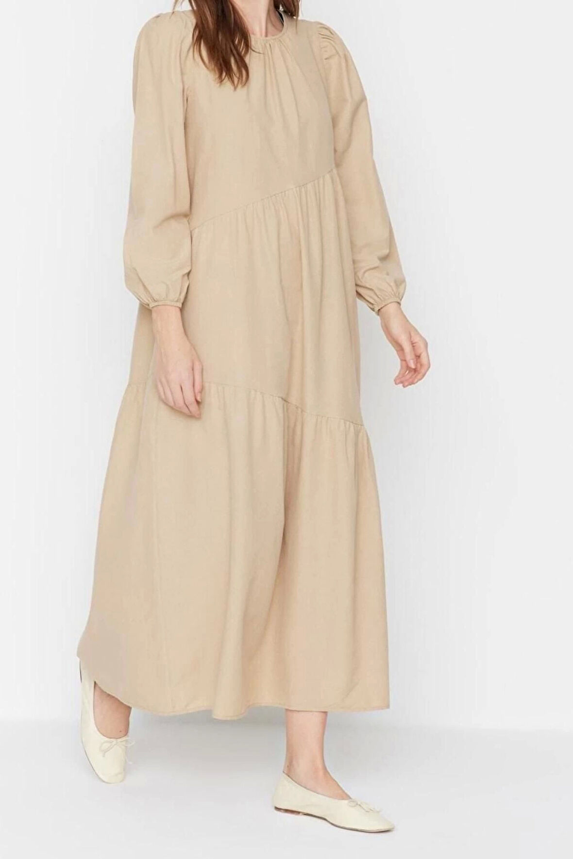 Moda Regular Casual Günlük Terrycotton Dokuma Bisiklet Yaka Uzun Kol A-Line Maxi Boy Tesettür Elbise