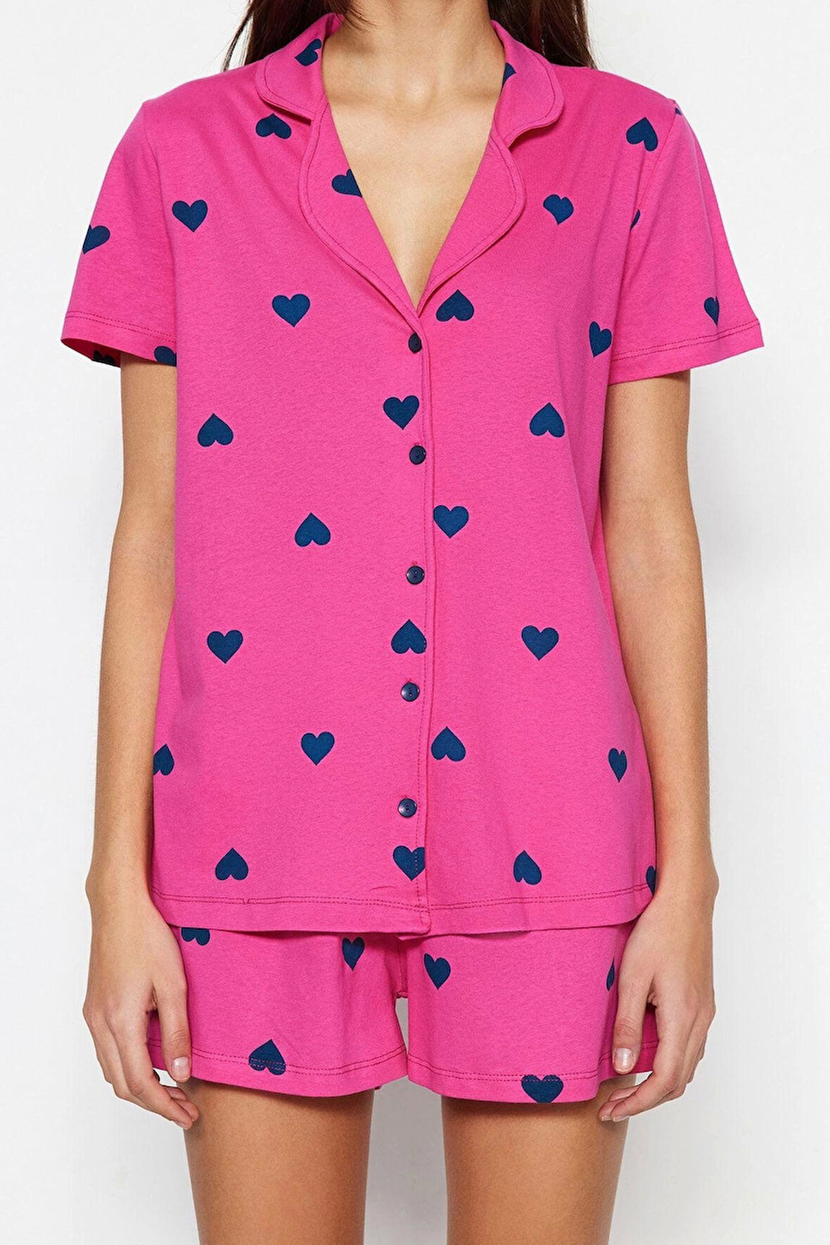 Tarz Rahat Kısa Kollu Boru Paça %100 Pamuklu Kalp Desenli Örme Pijama Takımı
