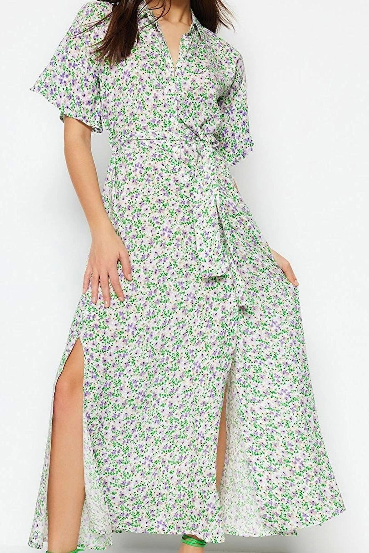 Moda Regular Casual Günlük Shally Dokuma Gömlek Yaka Kısa Kol Gömlek Elbise Midi Boy Elbise