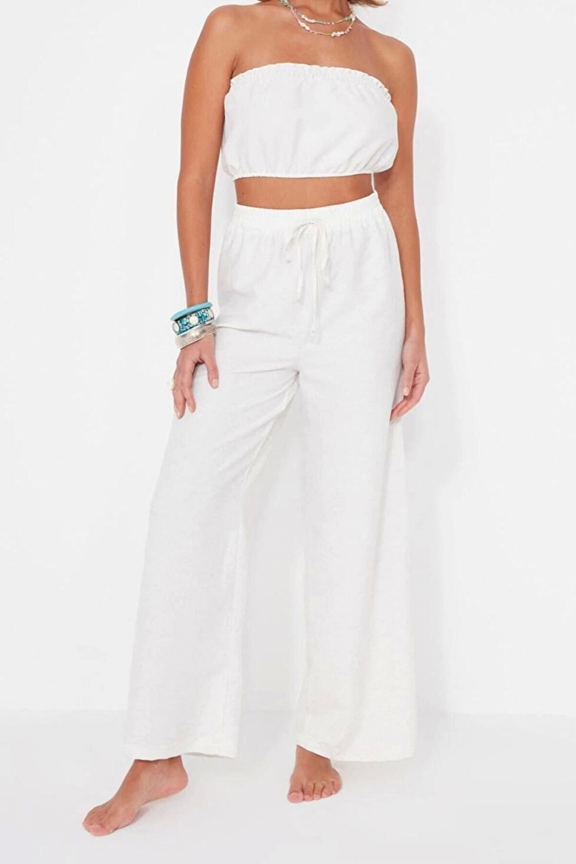 Moda Dokuma Yüksek Bel Düz Straplez Plaj Beyaz Dokuma Bluz Pantolon Takım