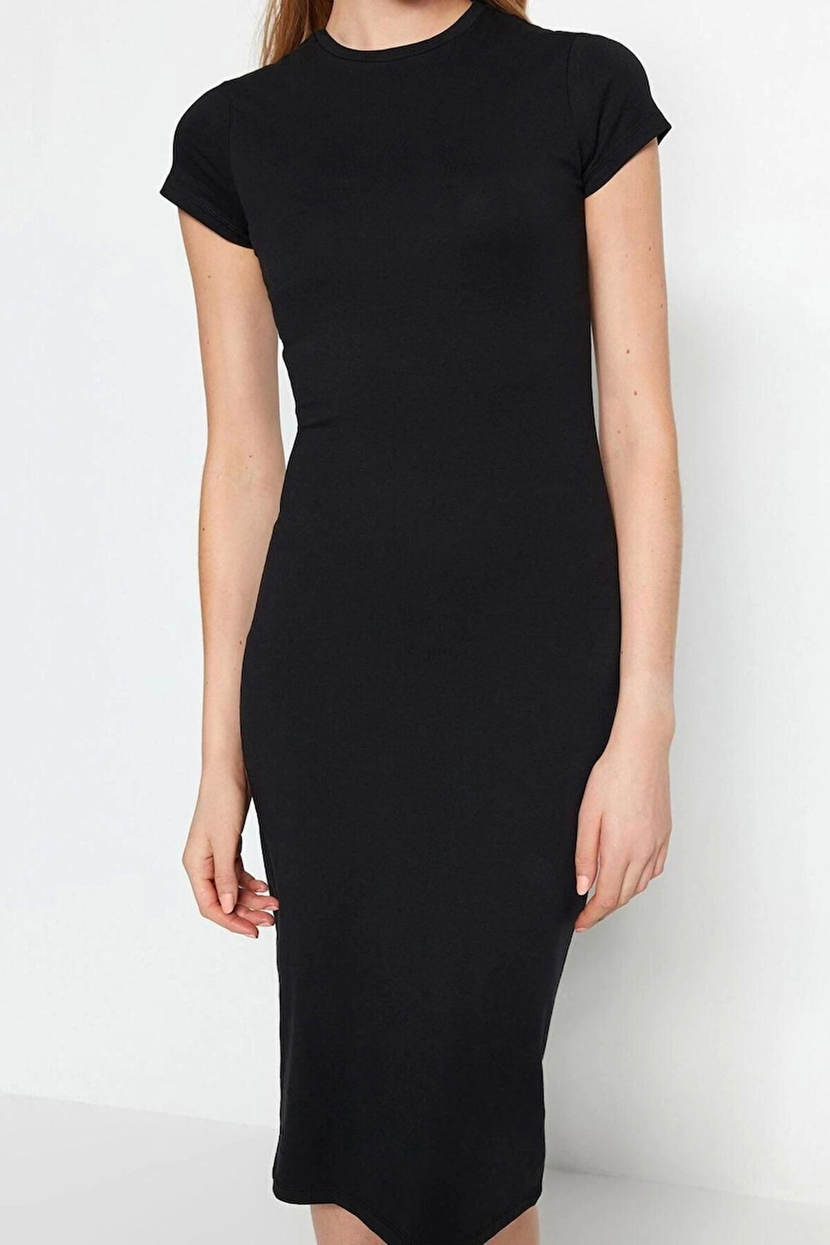 Moda Slim Casual Günlük Likralı Süprem Örme Bisiklet Yaka Kısa Kol Bodycone Midi Boy Elbise