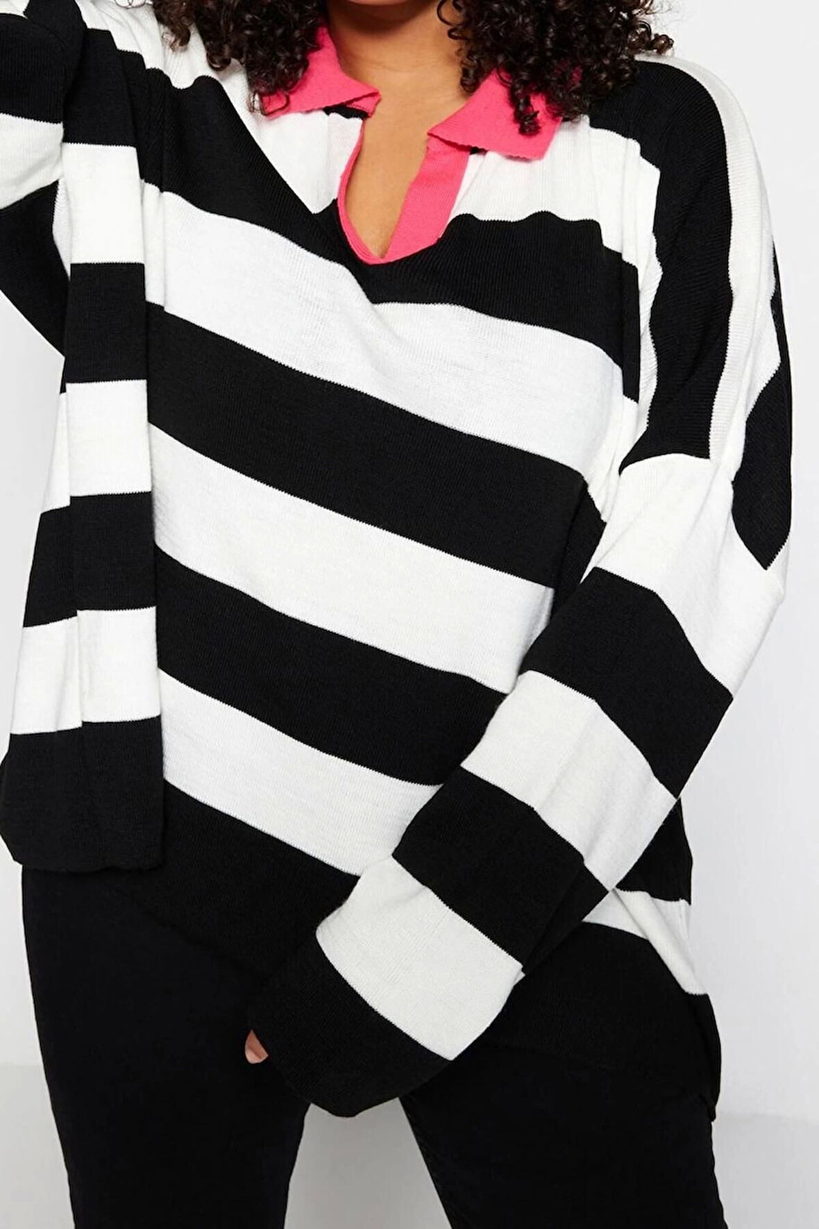 Büyük Beden Kadın Modern Tarz Rahat Uzun Polo Yaka Çizgili Kol Regular Triko Kazak