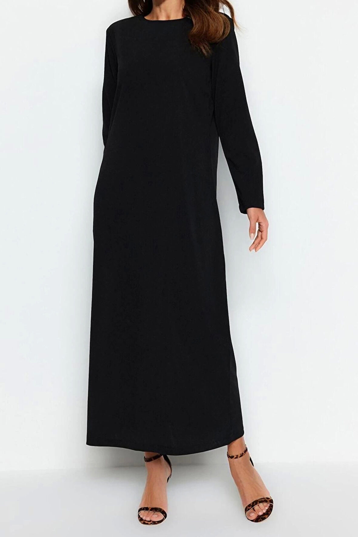 Moda Rahat Casual Günlük Krep Örme Bisiklet Yaka Uzun Kol Straight Uzun Boy Tesettür Elbise