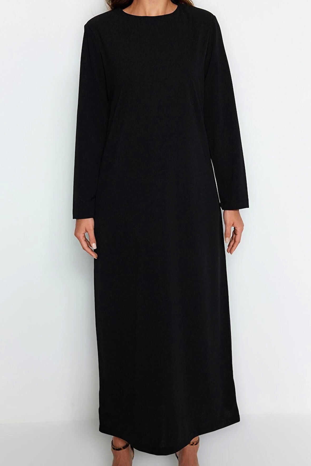 Moda Rahat Casual Günlük Krep Örme Bisiklet Yaka Uzun Kol Straight Uzun Boy Tesettür Elbise