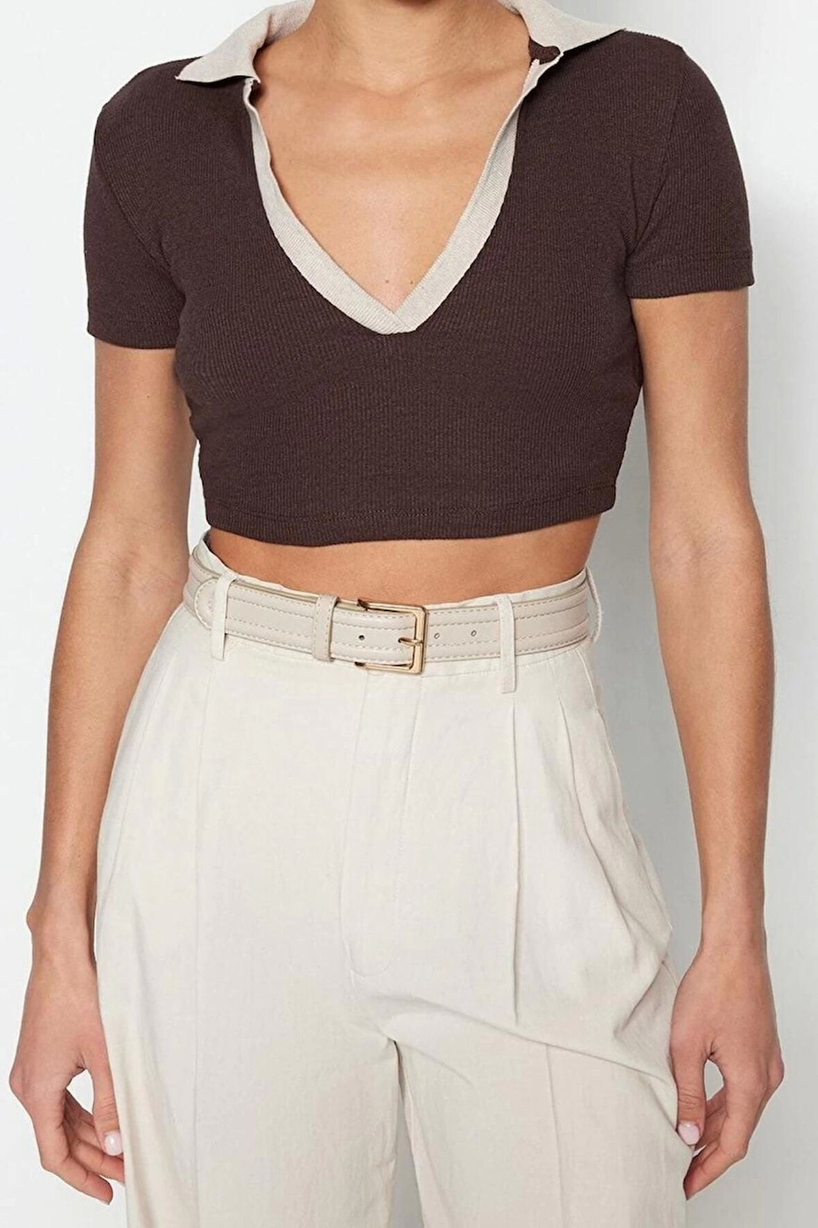 Moda Polo Yaka Örme Slim Renk Bloklu Desen Casual Günlük Crop Kısa Kol Bluz