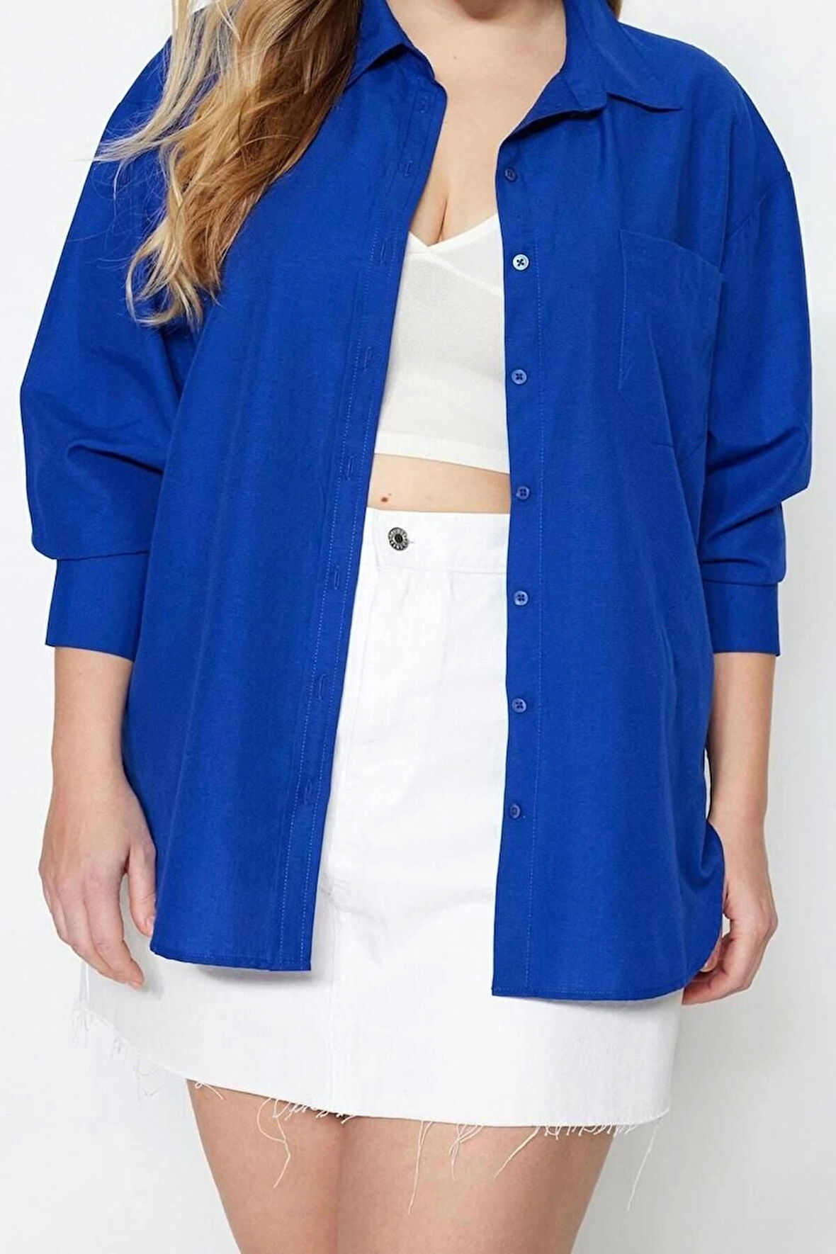 Moda Kadın Büyük Beden Gömlek Yaka Düz Desen Günlük Boyfriend Dokuma Gömlek