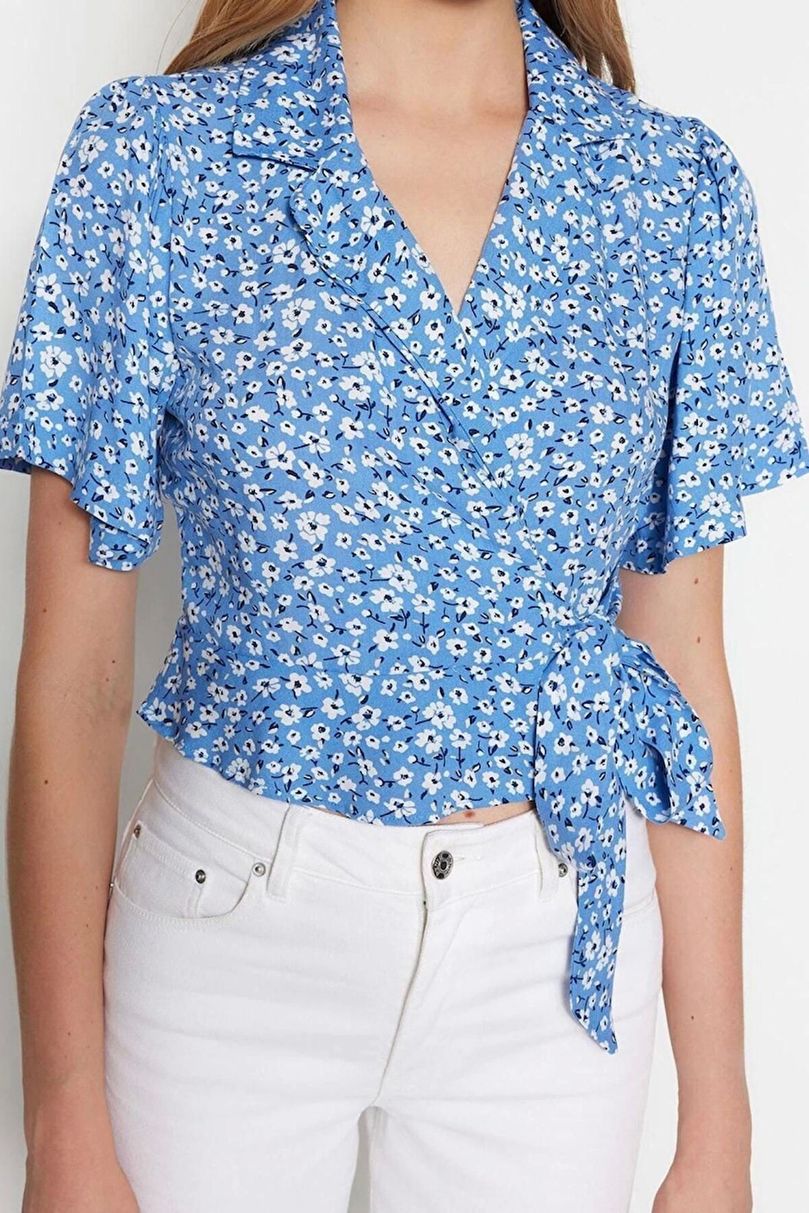 Moda Ceket Yaka Dokuma Fit Çiçekli Desen Casual Günlük Crop Kısa Kol Bluz