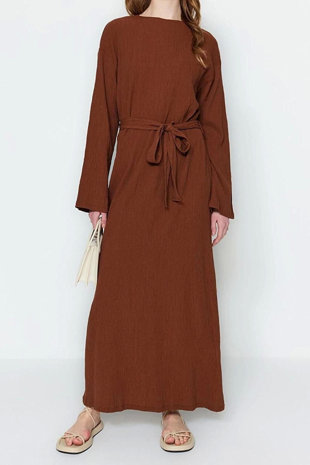 Moda Regular Casual Günlük Crinkle Dokuma Bisiklet Yaka Uzun Kol A-Line Maxi Boy Tesettür Elbise