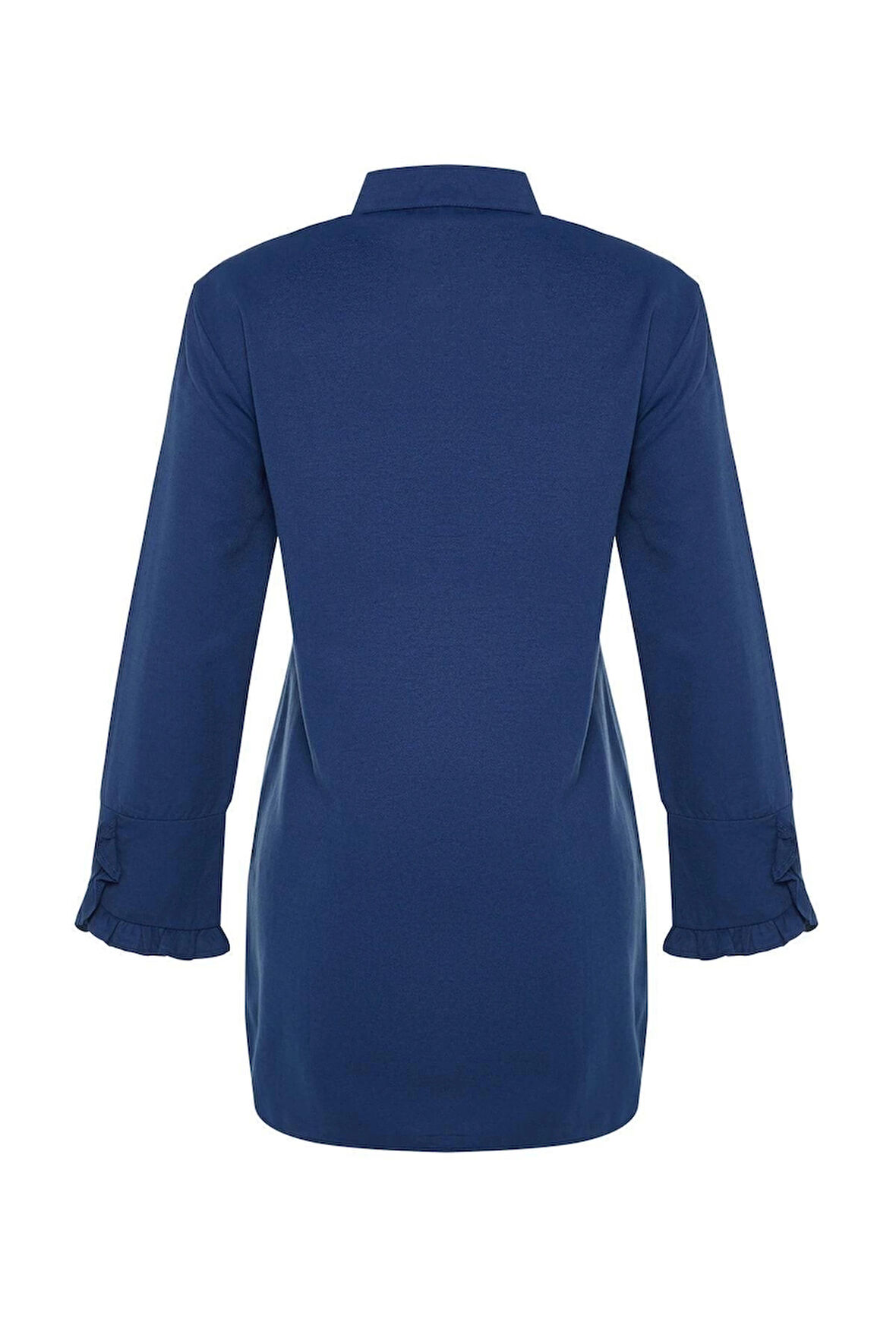 Moda Kadın Tesettür Gömlek Yaka Düz Desen Günlük Fırfırlı Denim Görünümlü Dokuma Pamuklu Gömlek