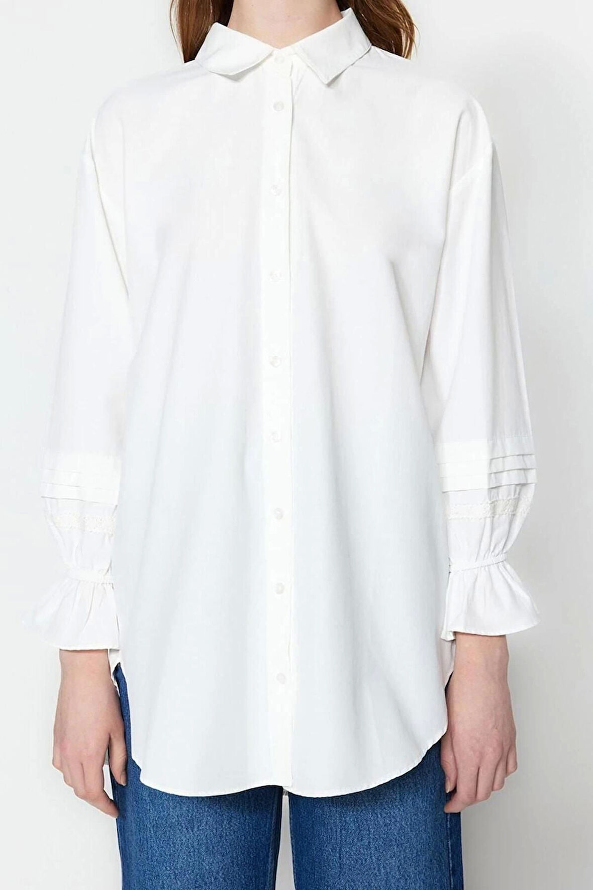 Moda Kadın Tesettür Gömlek Yaka Düz Desen Günlük Dantel Mesh File Regular Terrycotton Düz Dokuma