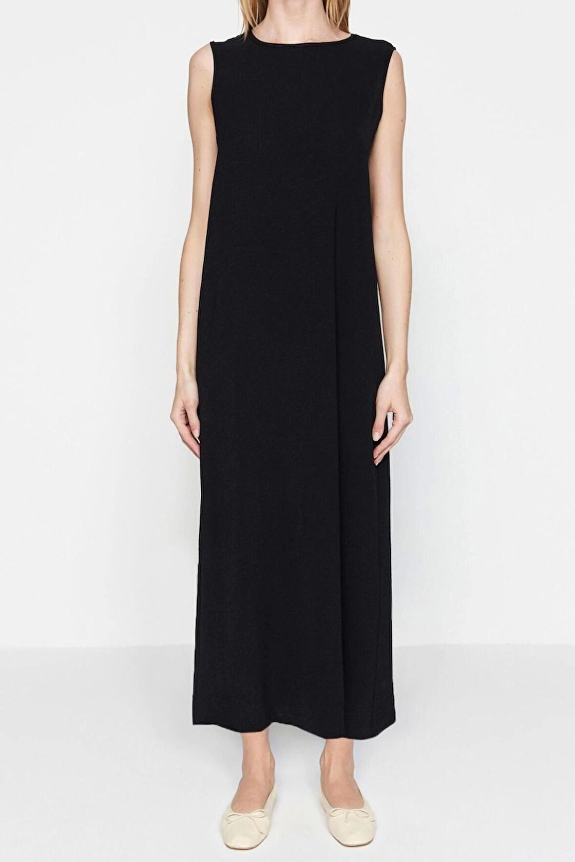 Moda Regular Casual Günlük Aerobin Dokuma Bisiklet Yaka Kolsuz Kol Shift Maxi Boy Tesettür Elbise