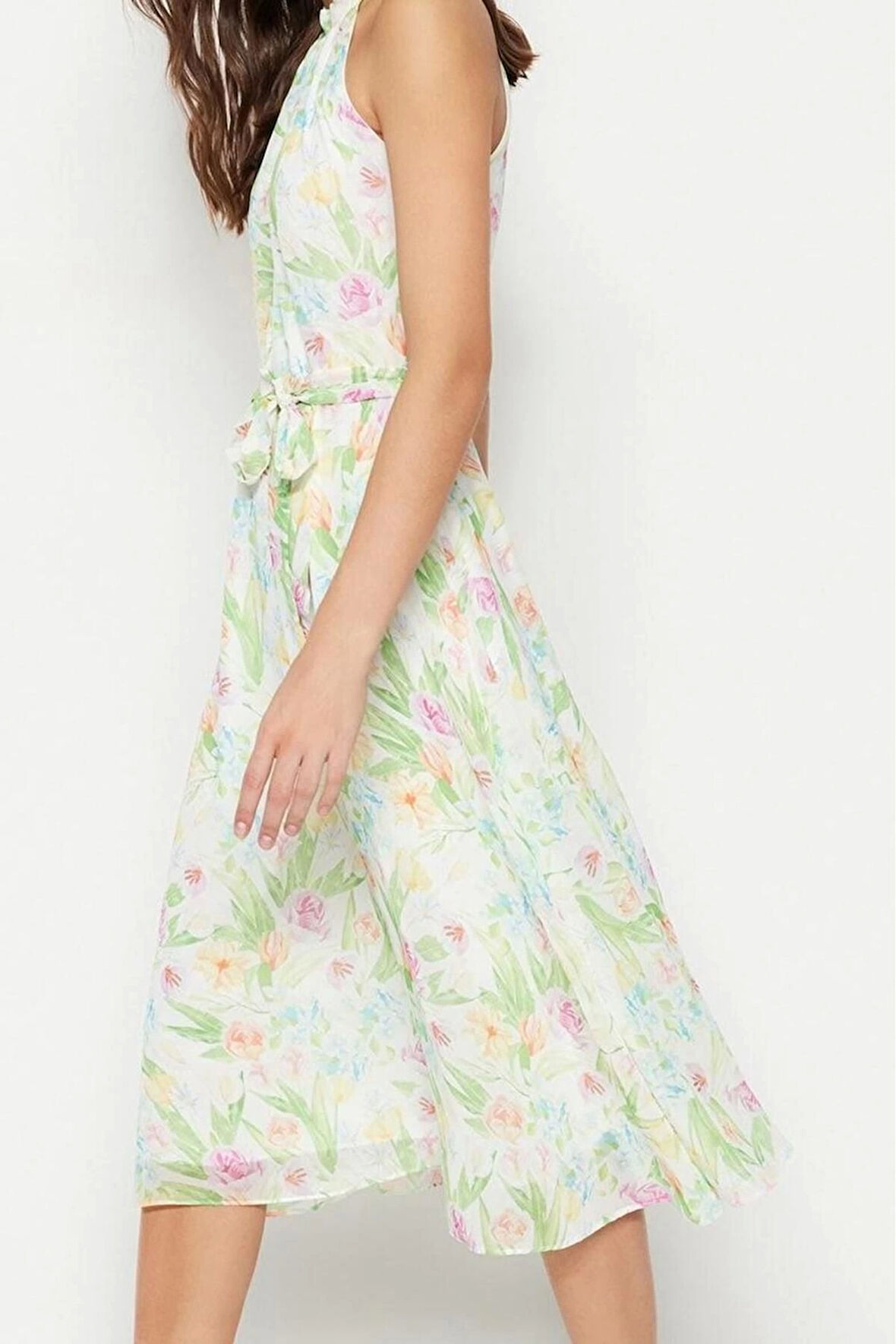 Moda Stil Regular Halter Yaka Midi Boy Çiçek Desenli Kuşaklı A Kesim Kolsuz Astarlı Dokuma Elbise
