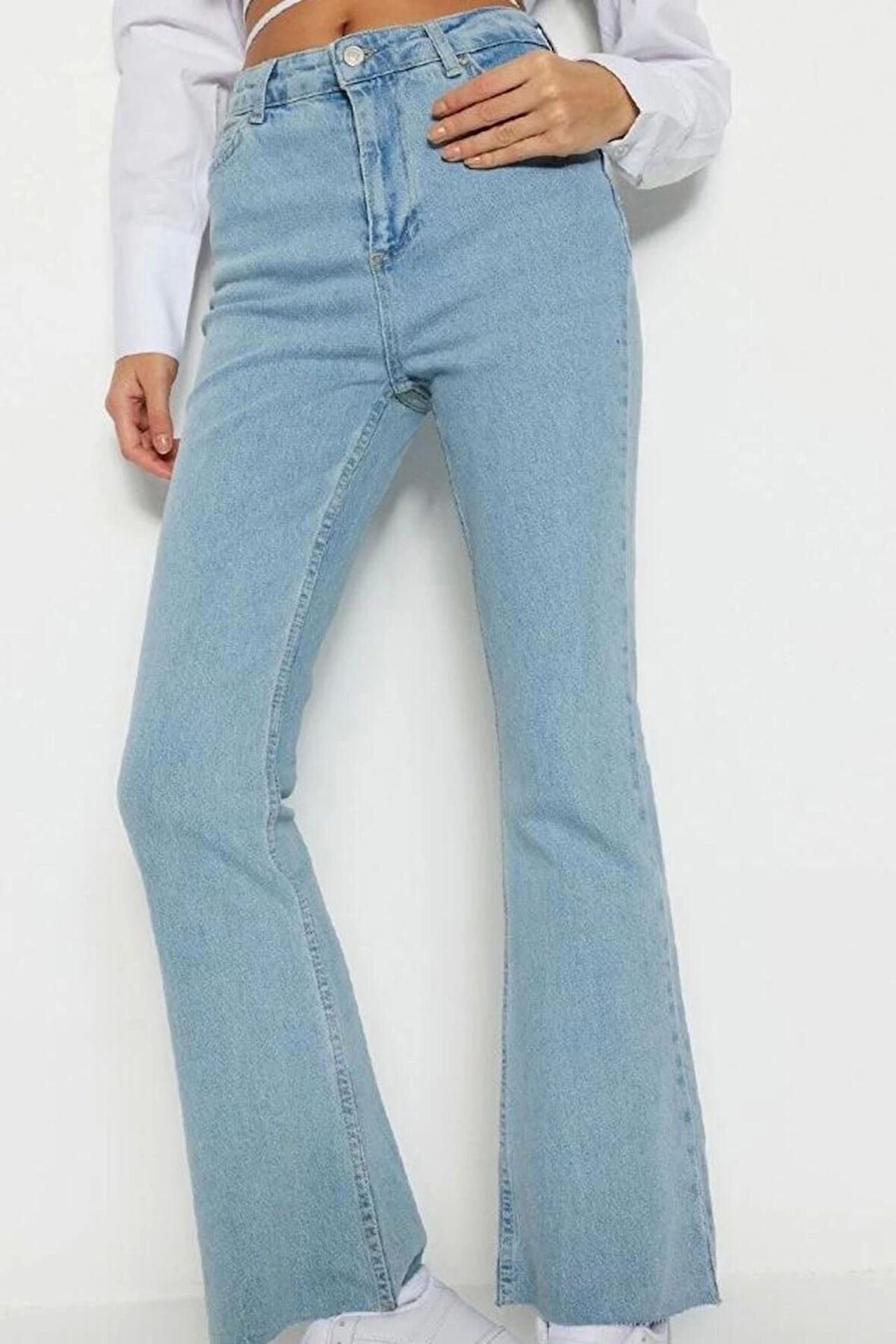 Stil Kadın Moda Denim Kot Pantolon Regular Geniş Paça Yüksek Bel Crop Jeans