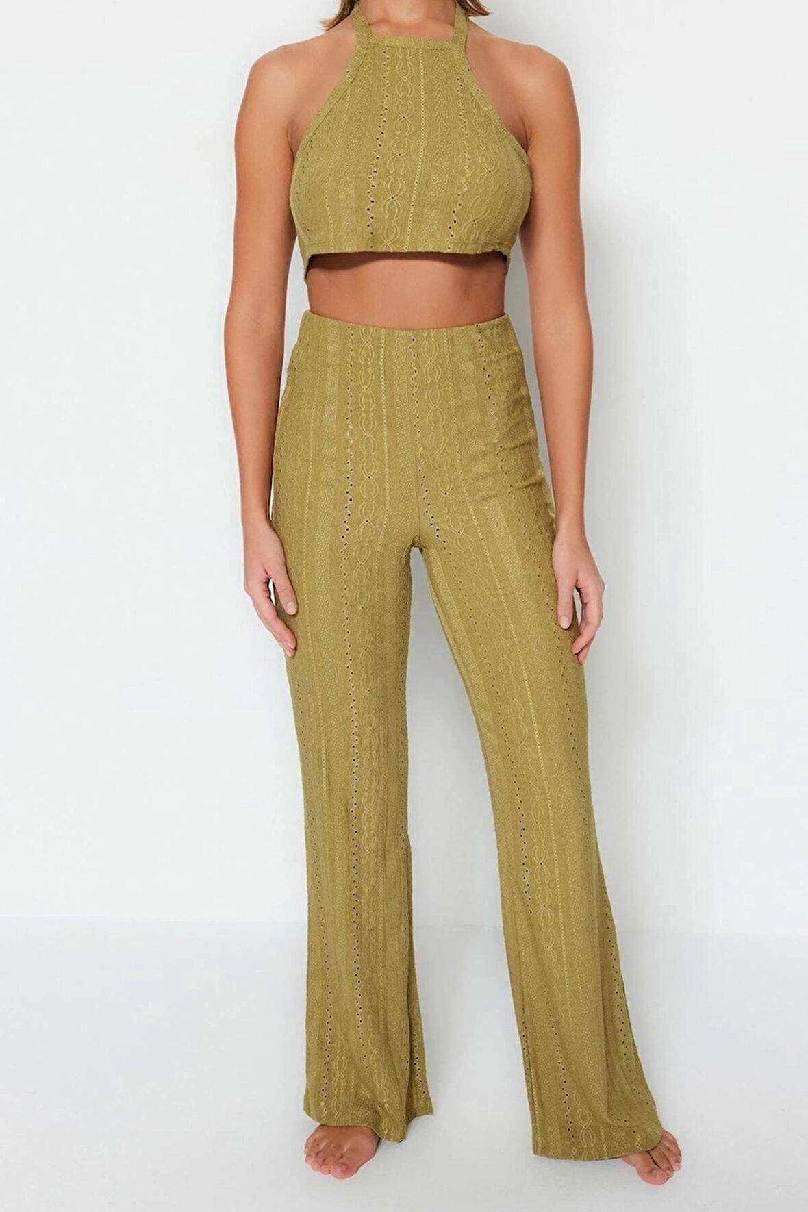 Moda Dokuma Düz Halter Yaka Plaj Ekru Örme Dantelli Bluz Pantolon Takım