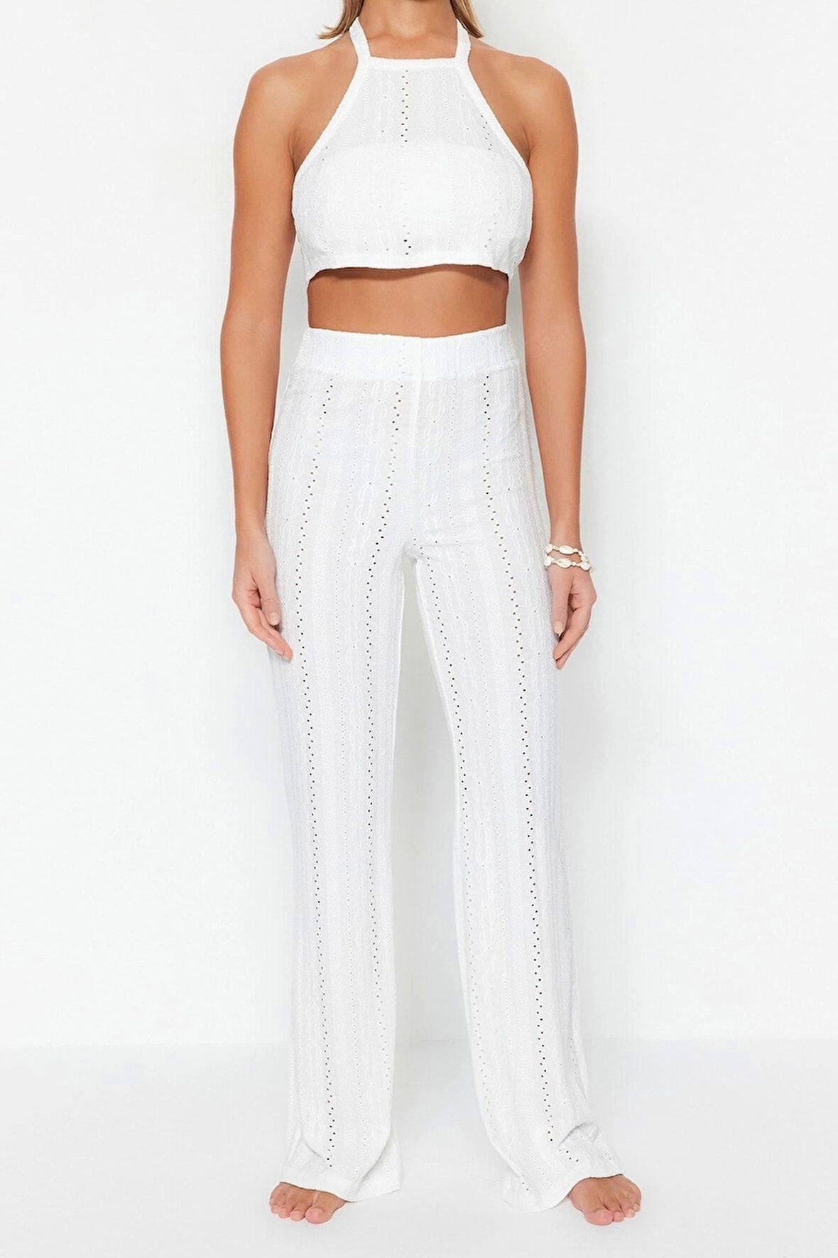 Moda Dokuma Düz Halter Yaka Plaj Ekru Örme Dantelli Bluz Pantolon Takım